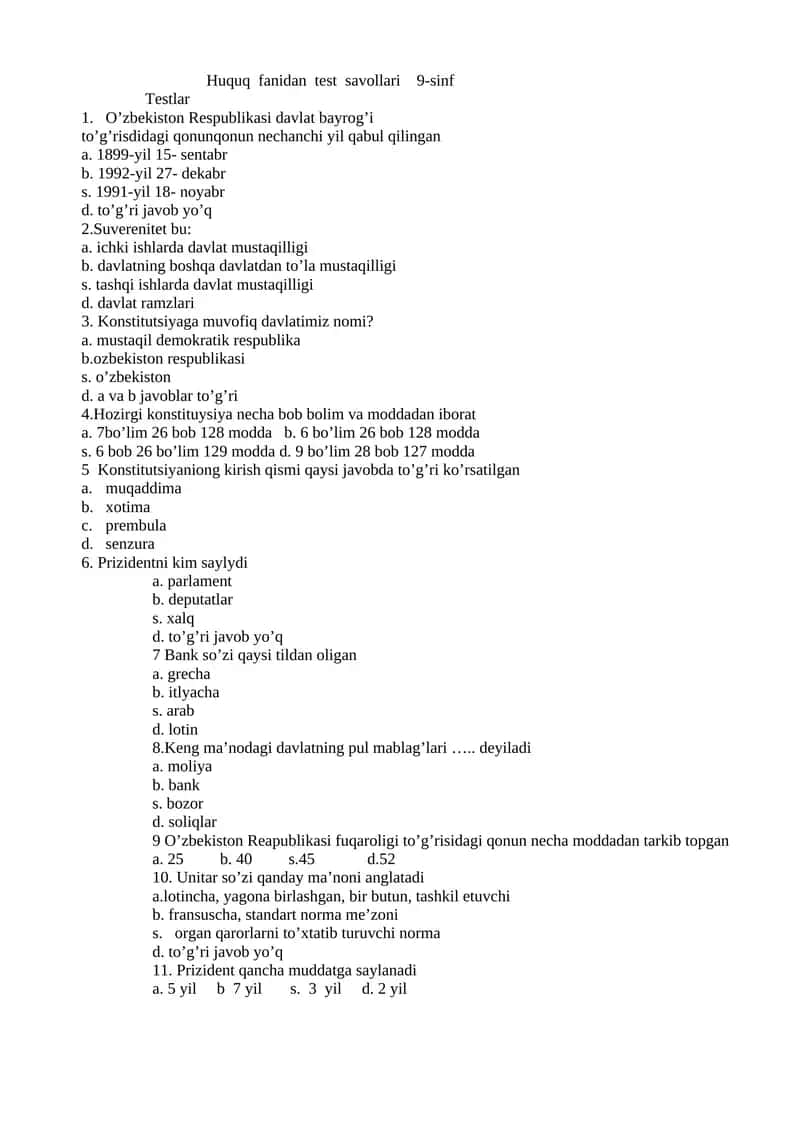 Huquq fanidan test savollari 9-sinf