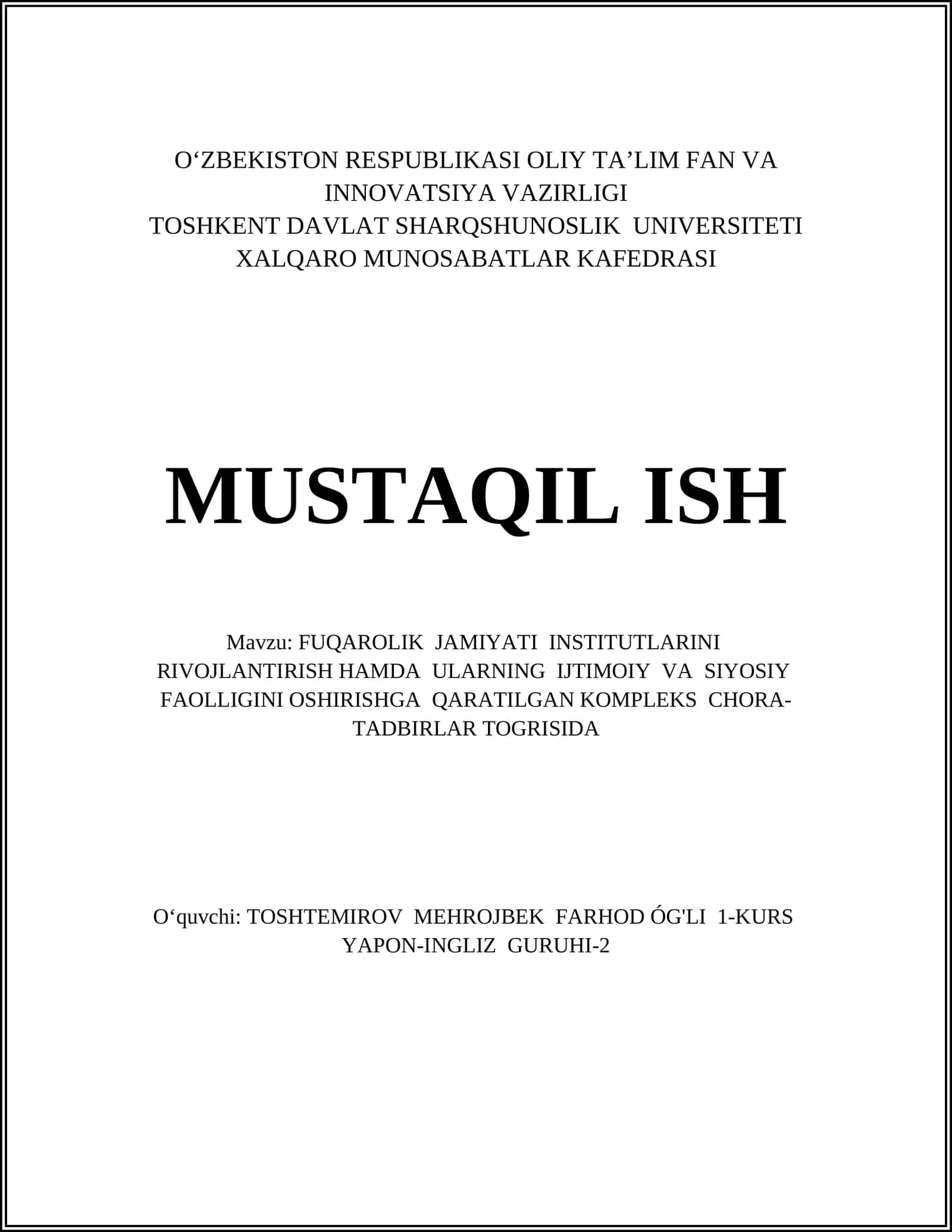 FUQAROLIK JAMIYATINI RIVOJLANTIRISH HAMDA ULARNING IJTIMOIY VA SIYOSIY FAOLLIGINI OSHIRISHGA QARATILGAN KOMPLEKS CHORA-TADBIRLAR TOGRISIDA