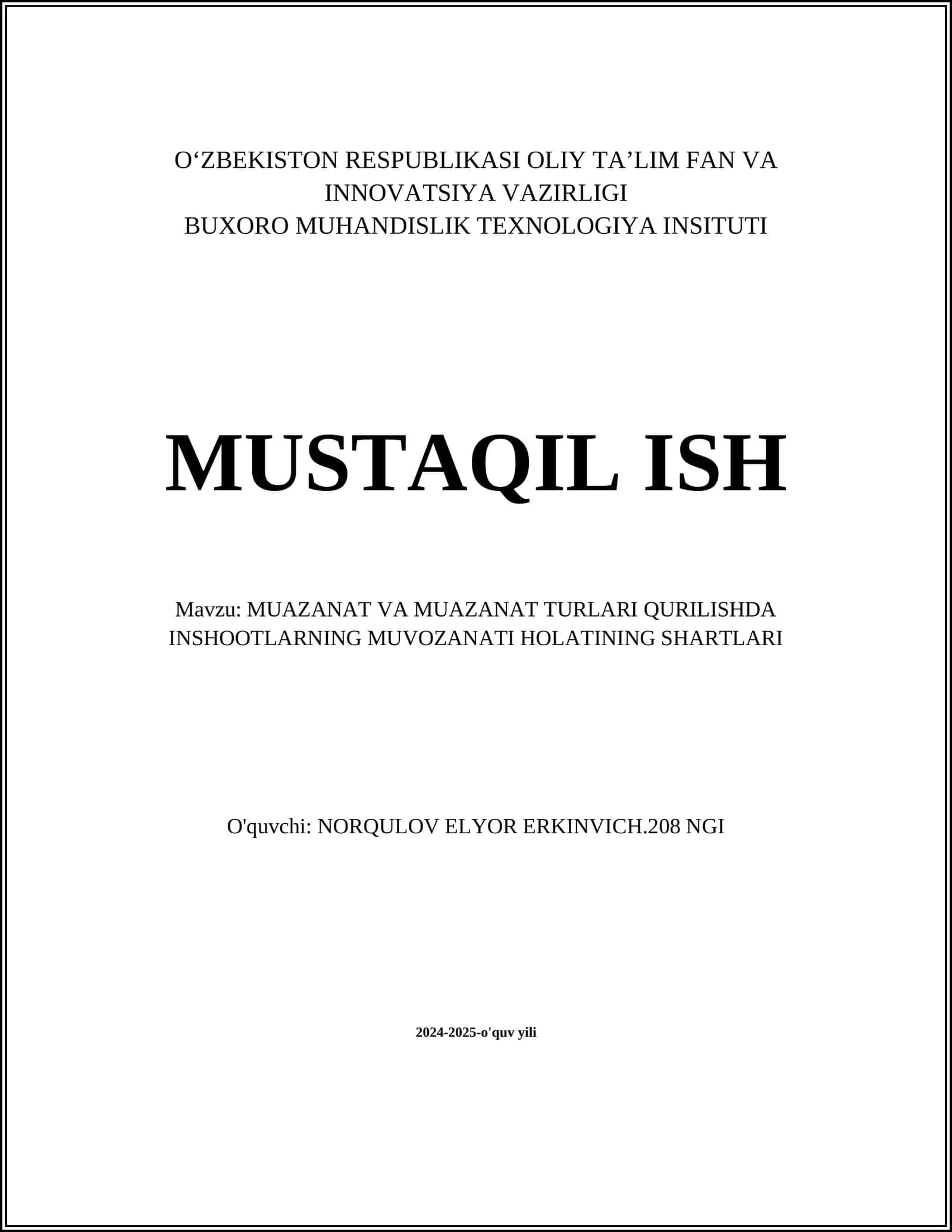 MUAZANAT VA MUAZANAT TURLARI QURILISHDA INSHOOTLARNING MUVOZANATI HOLATINING SHARTLARI