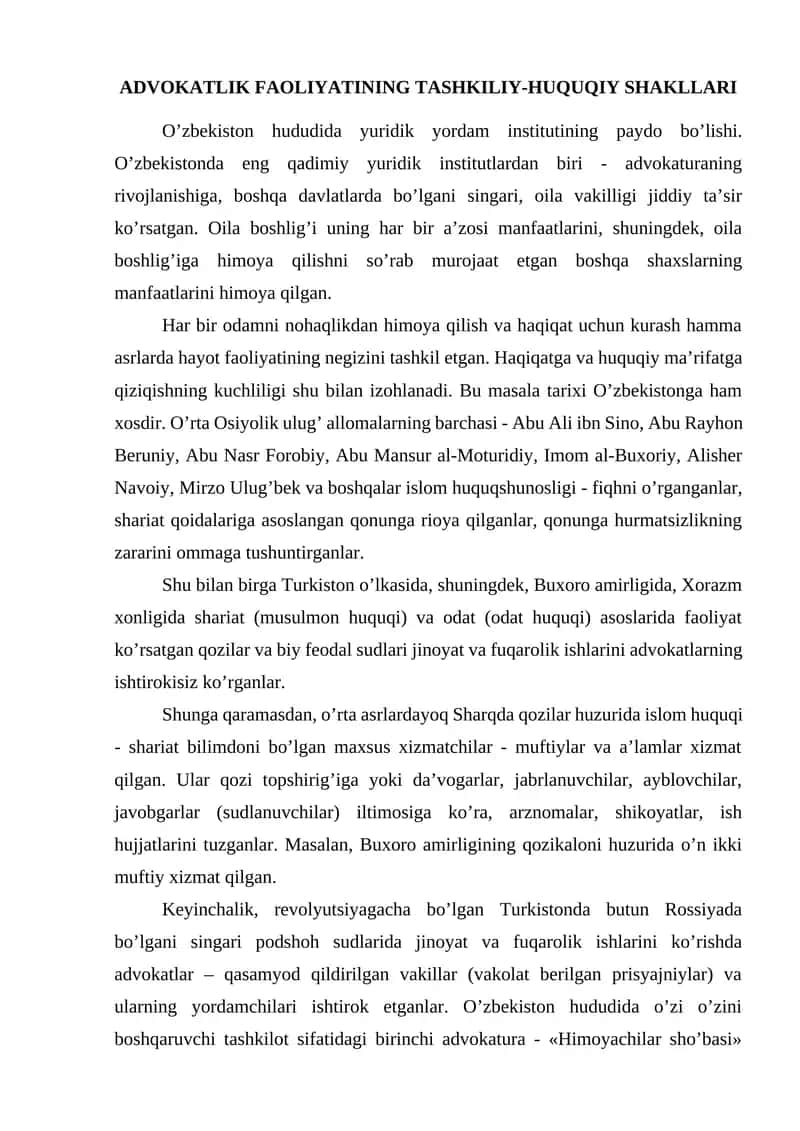 ADVOKATLIK FAOLIYATINING TASHKILIY-HUQUQIY SHAKLLARI