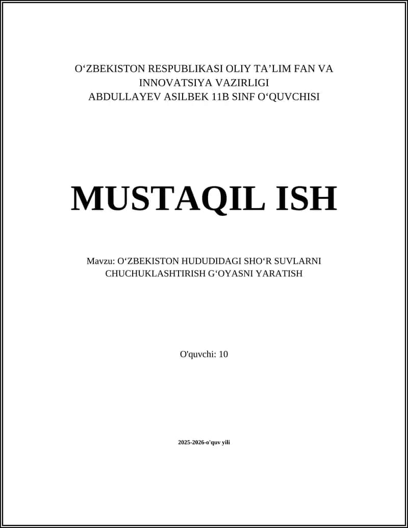 Oʻzbekiston hududidagi shoʻr suvlarni chuchuklashtirish Gʻoyasini Yaratish