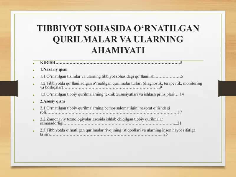 TIBBIYOT SOHASIDA O‘RNATILGAN QURILMALAR VA ULARNING AHAMIYATI