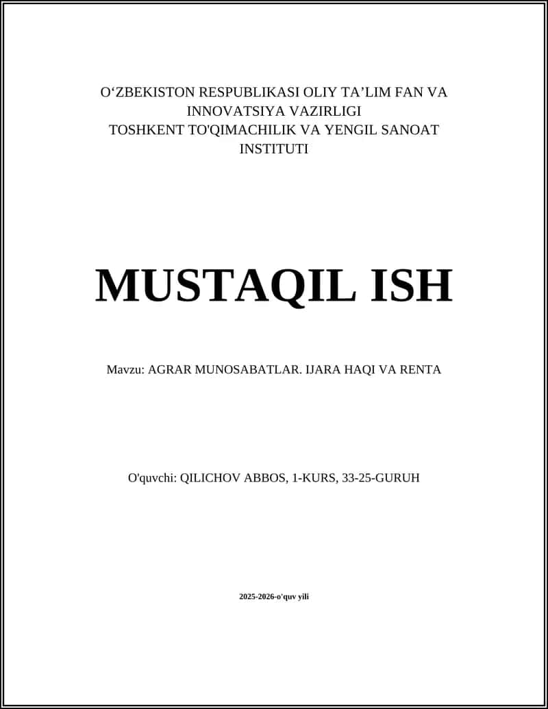AGRAR MUNOSABATLAR. IJARA HAQI VA RENTA