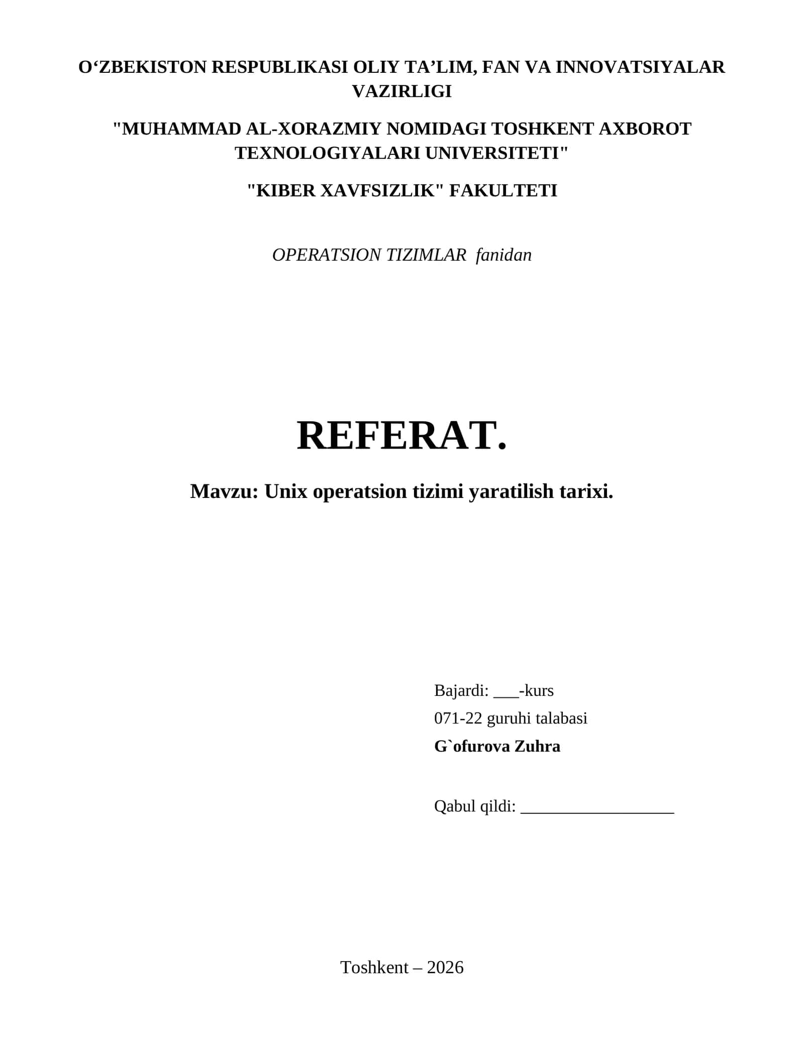 Unix operatsion tizimi yaratilish tarixi.