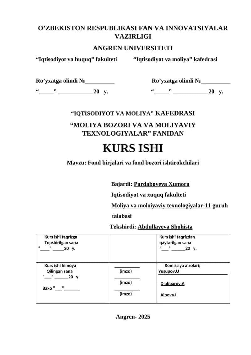 Fond birjalari va fond bozori ishtirokchilari