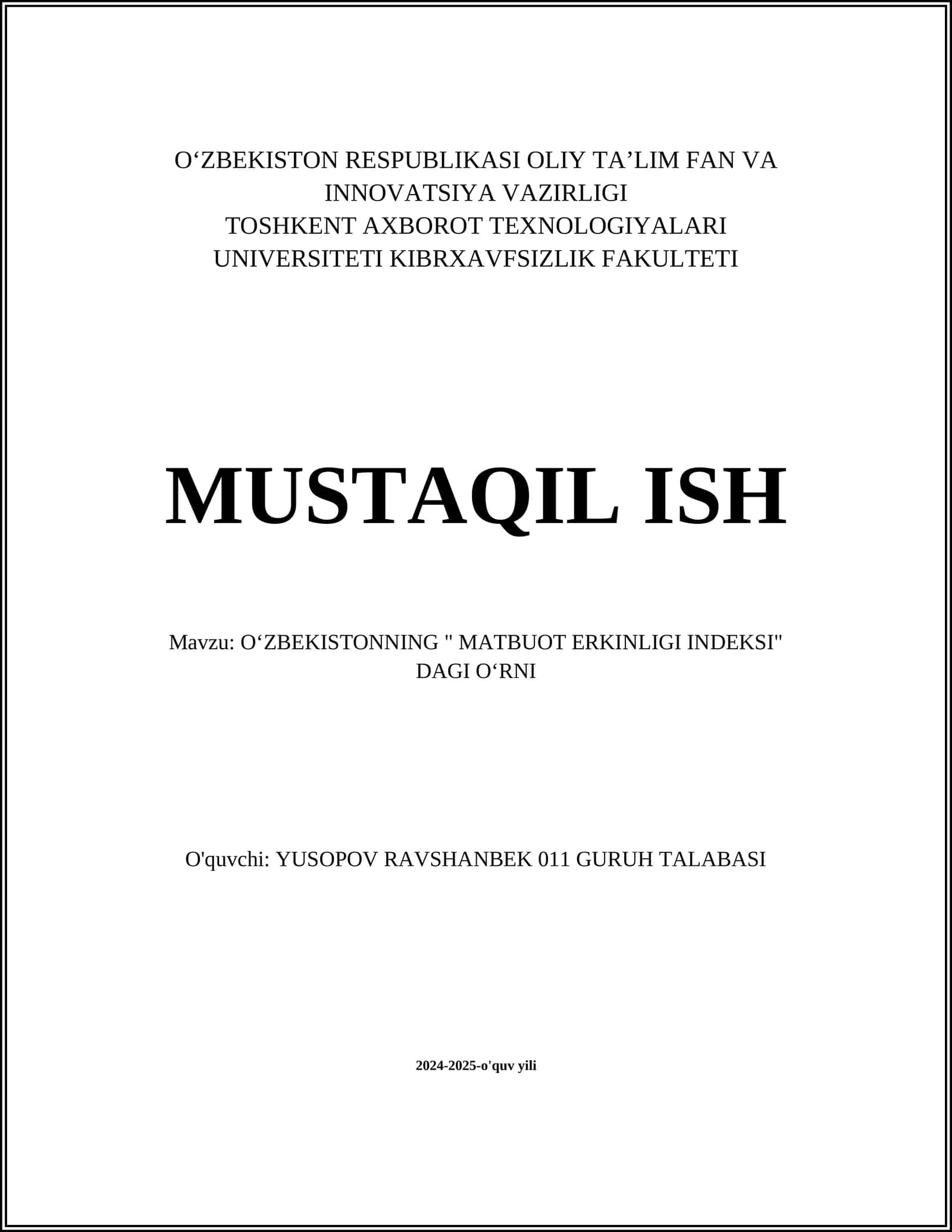 O'ZBEKISTONNING "MATBUOT ERKINLIGI INDEKSI" DAGI O'RNI