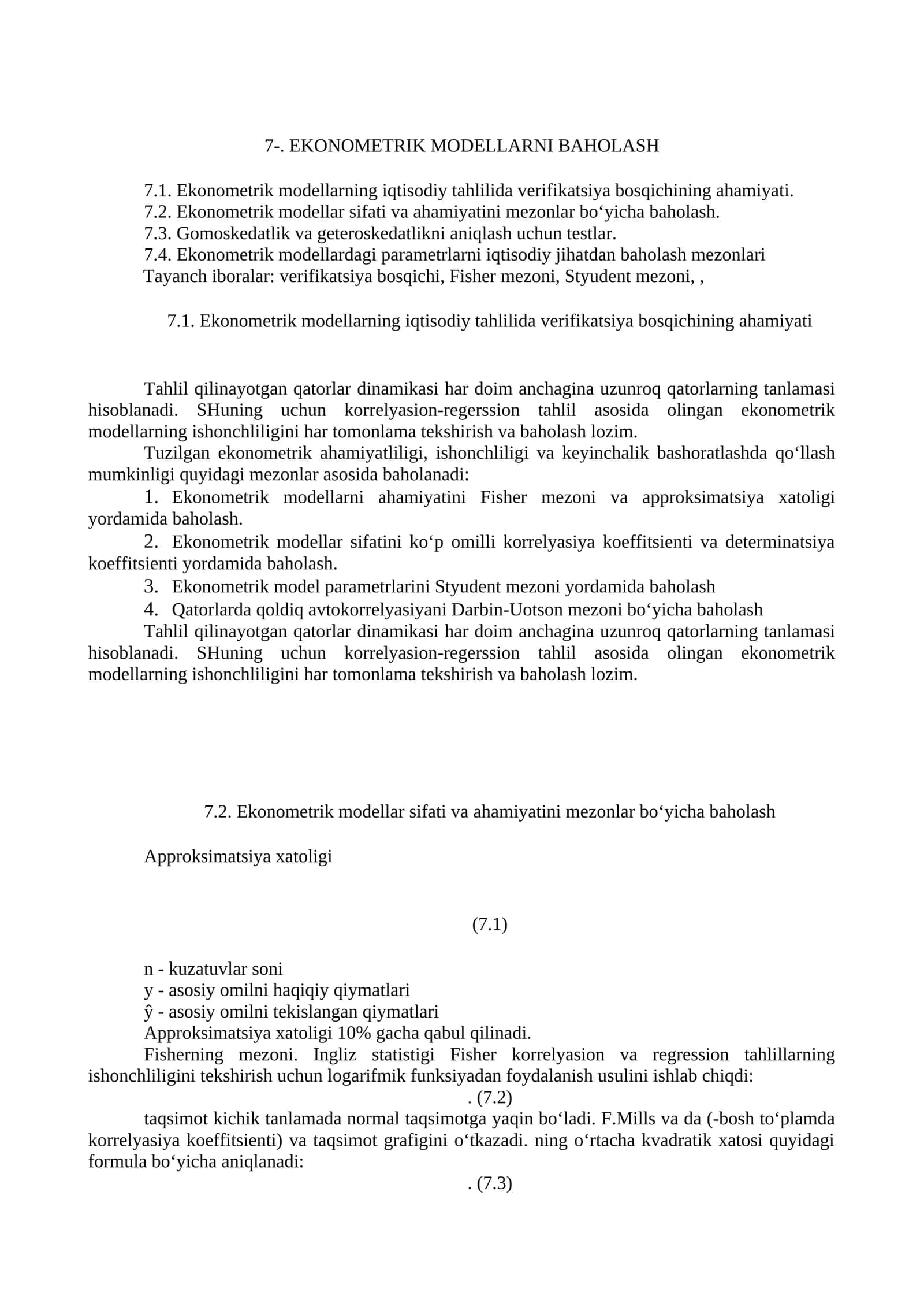 EKONOMETRIK MODELLARNI BAHOLASH