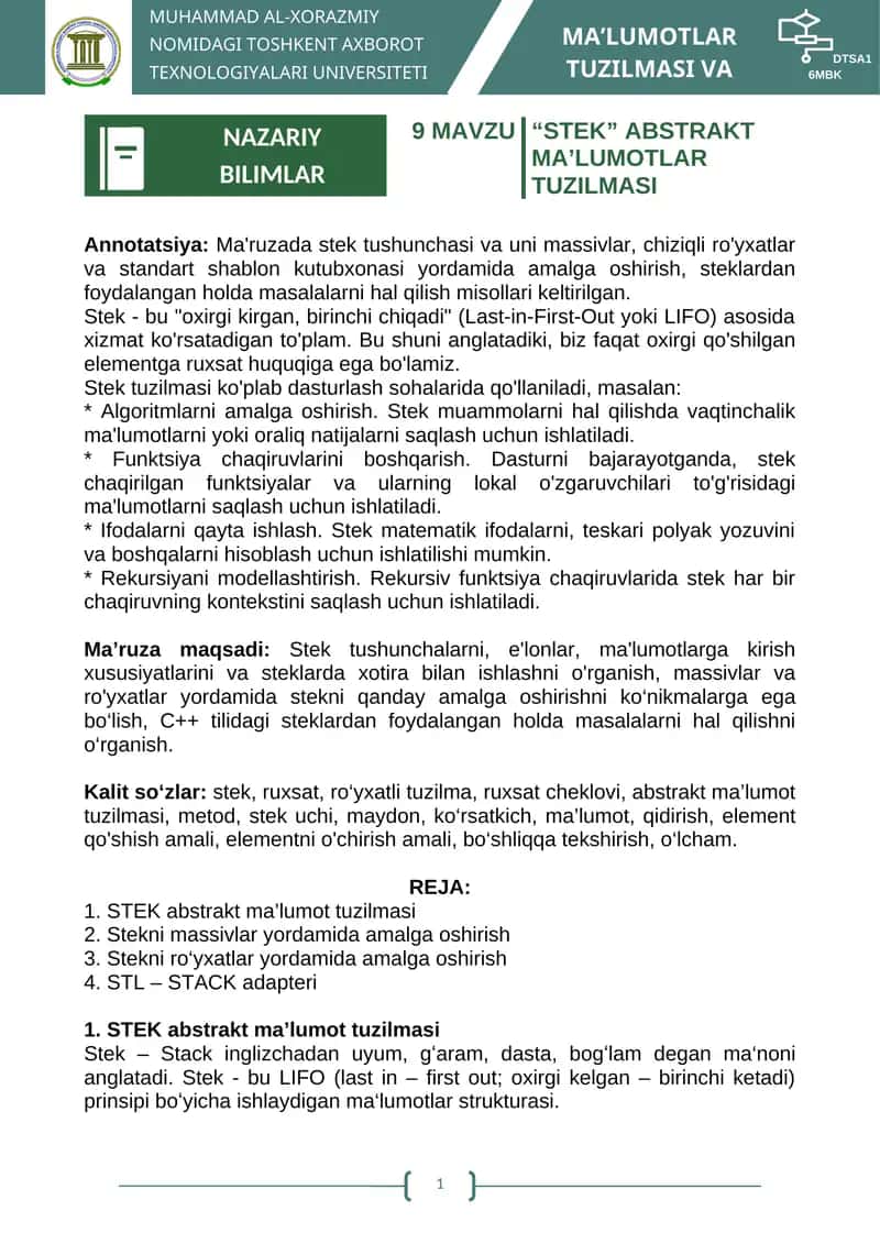 “STEK” ABSTRAKT MA’LUMOTLAR TUZILMASI