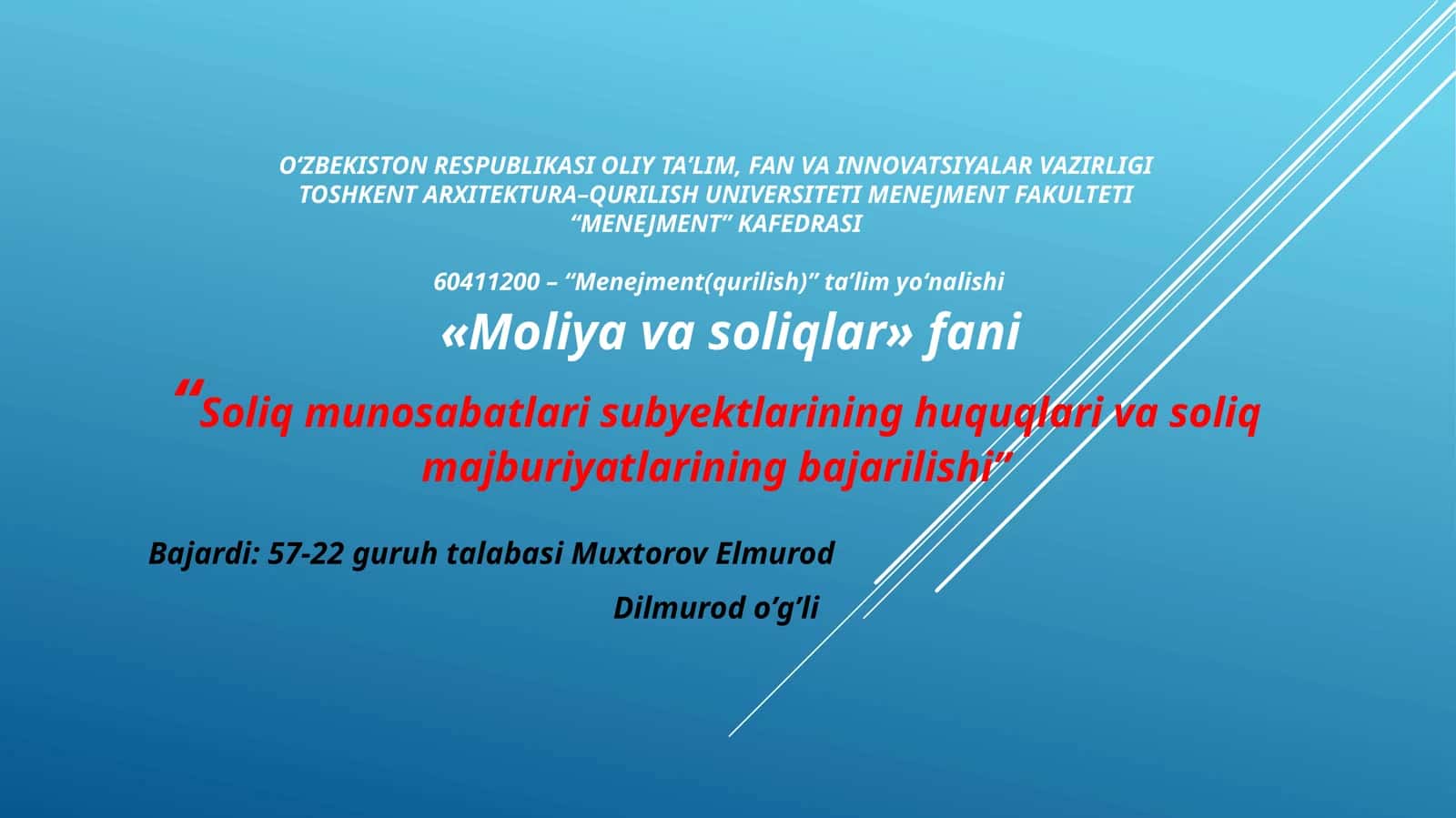 Soliqmunosabatlarisubyektlarininghuquqlarivasoliqmajburiyatlariningbajarilishi