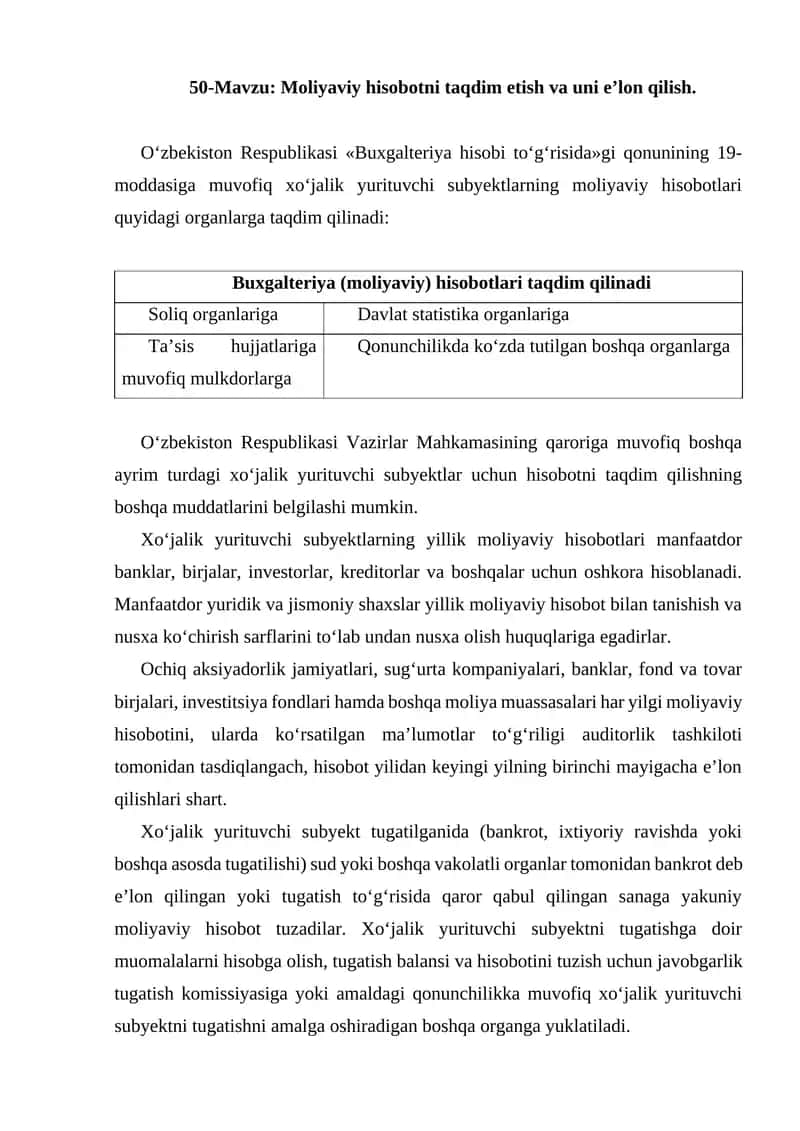 Moliyaviy hisobotni taqdim etish va uni e’lon qilish