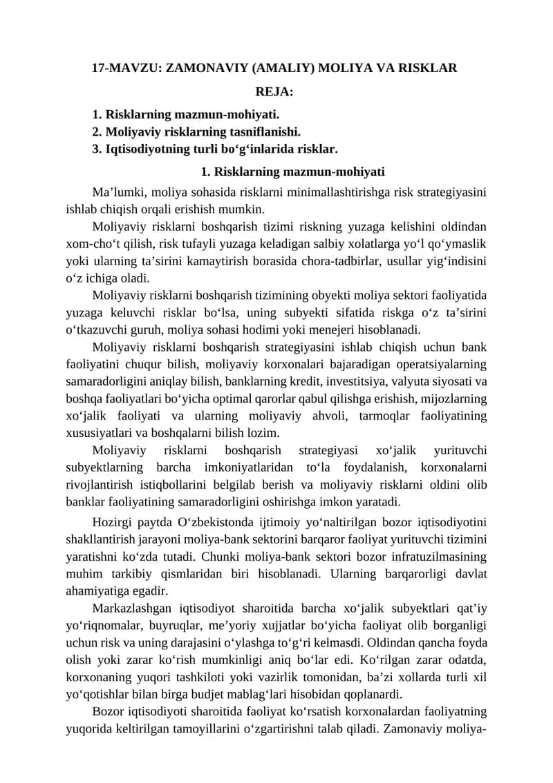 Zamonaviy (Amaliy) Moliya va Risklar Reja