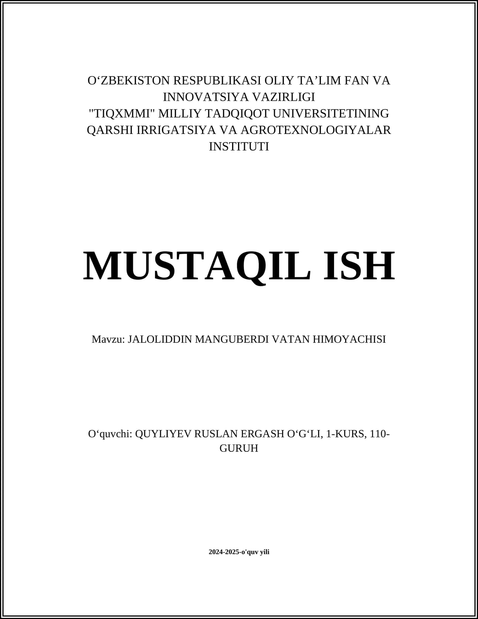 JALOLIDDIN MANGUBERDI VATAN HIMOYACHISI