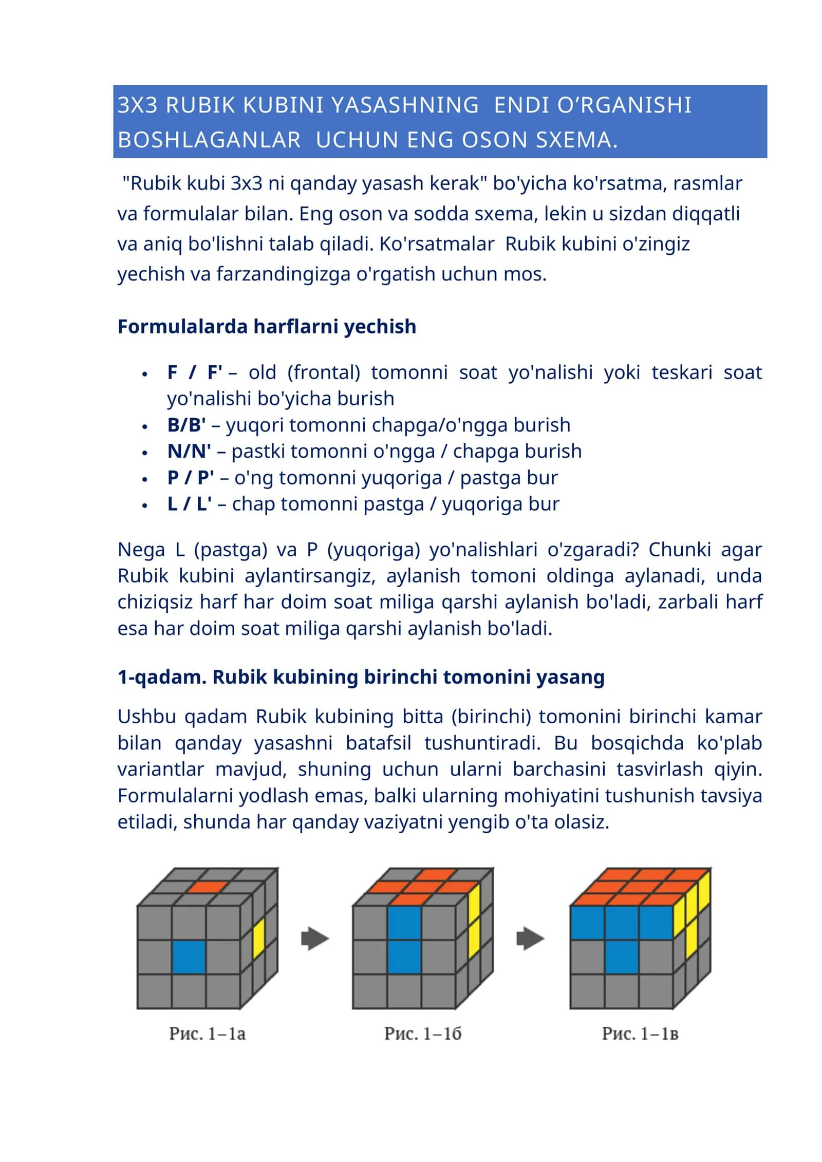 3X3 KUBIK RUBIK YASASHNING ENDI O’RGANISHI BOSHLAGANLAR UCHUN ENG OSON SXEMA