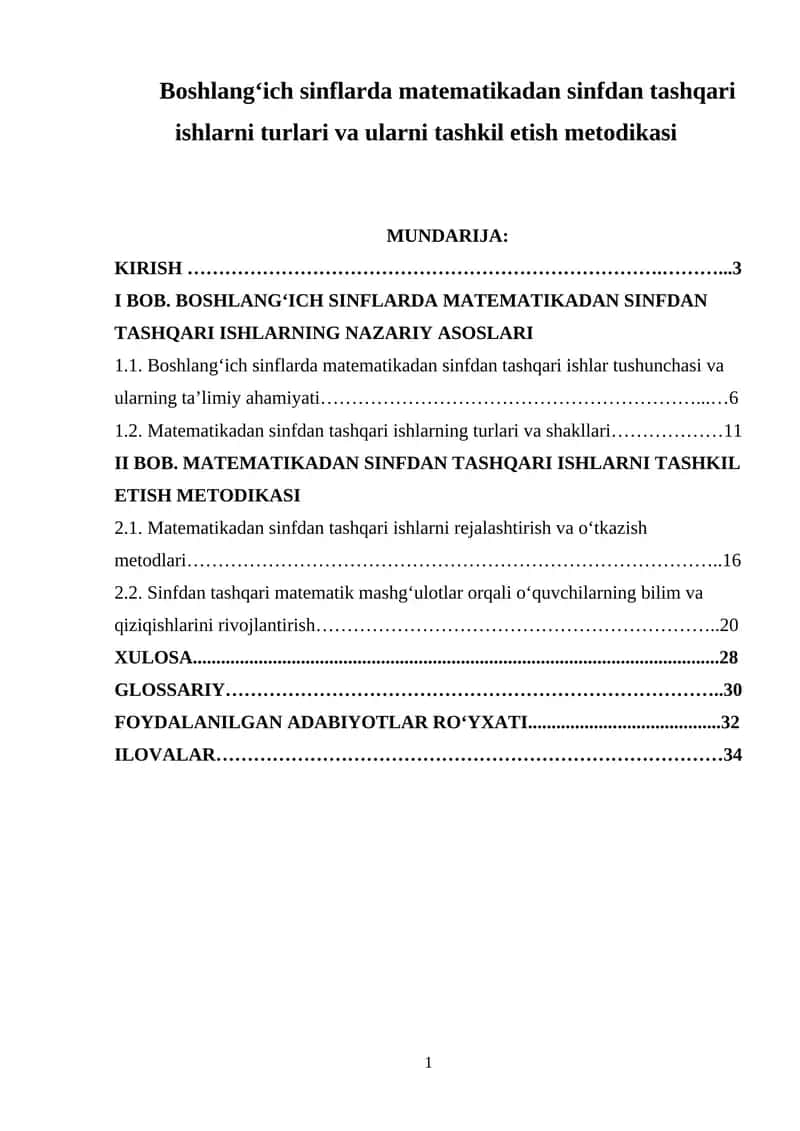 Boshlang‘ich sinflarda matematikadan sinfdan tashqari ishlarni turlari va ularni tashkil etish metodikasi