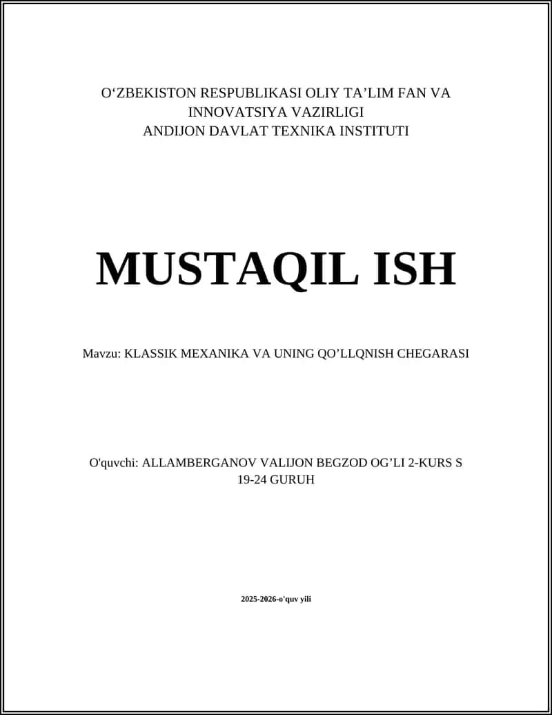 KLASSIK MEXANIKA VA UNING QO’LLQNISH CHEGARASI