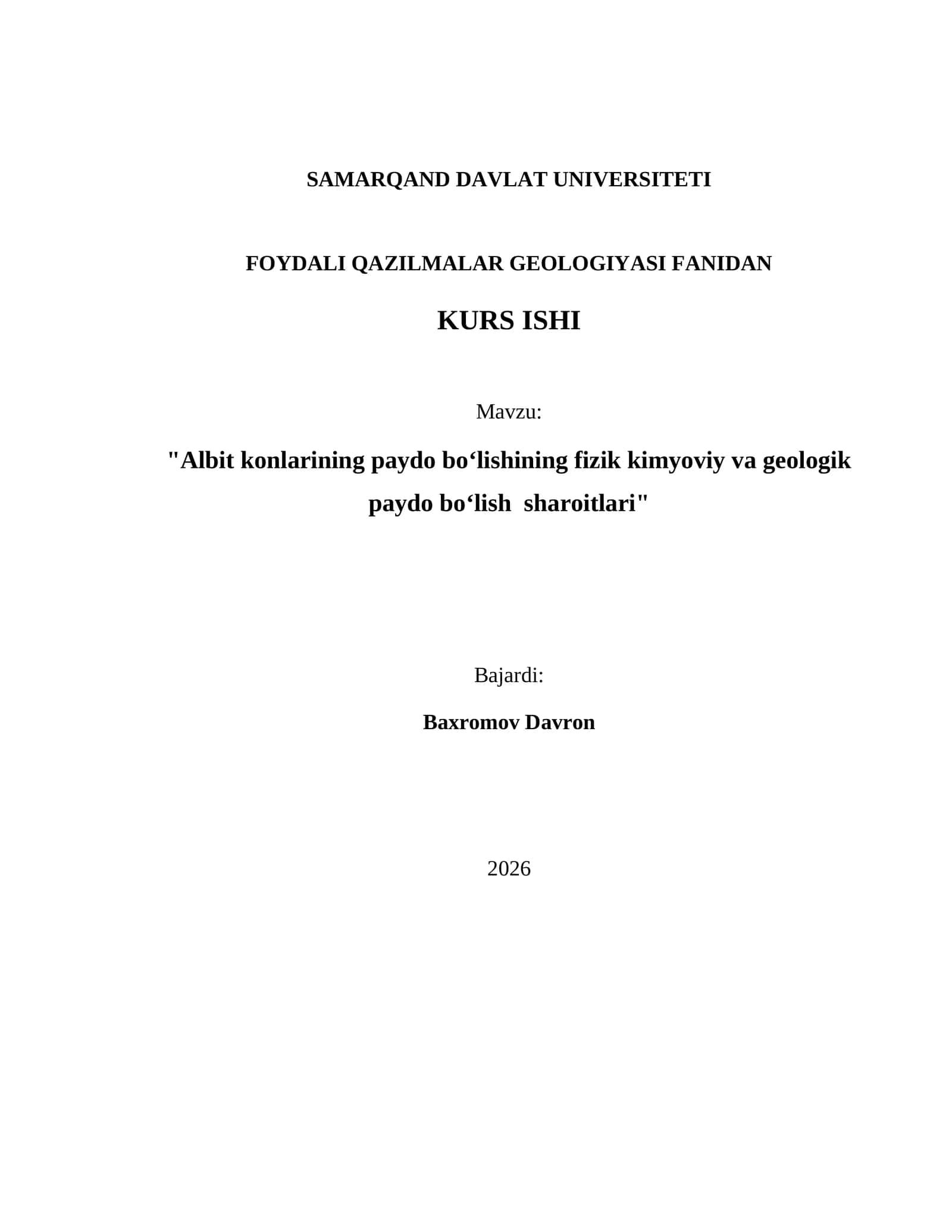 Foydali Qazilmalar Geologiyasi Fanidan Kurs Ishi