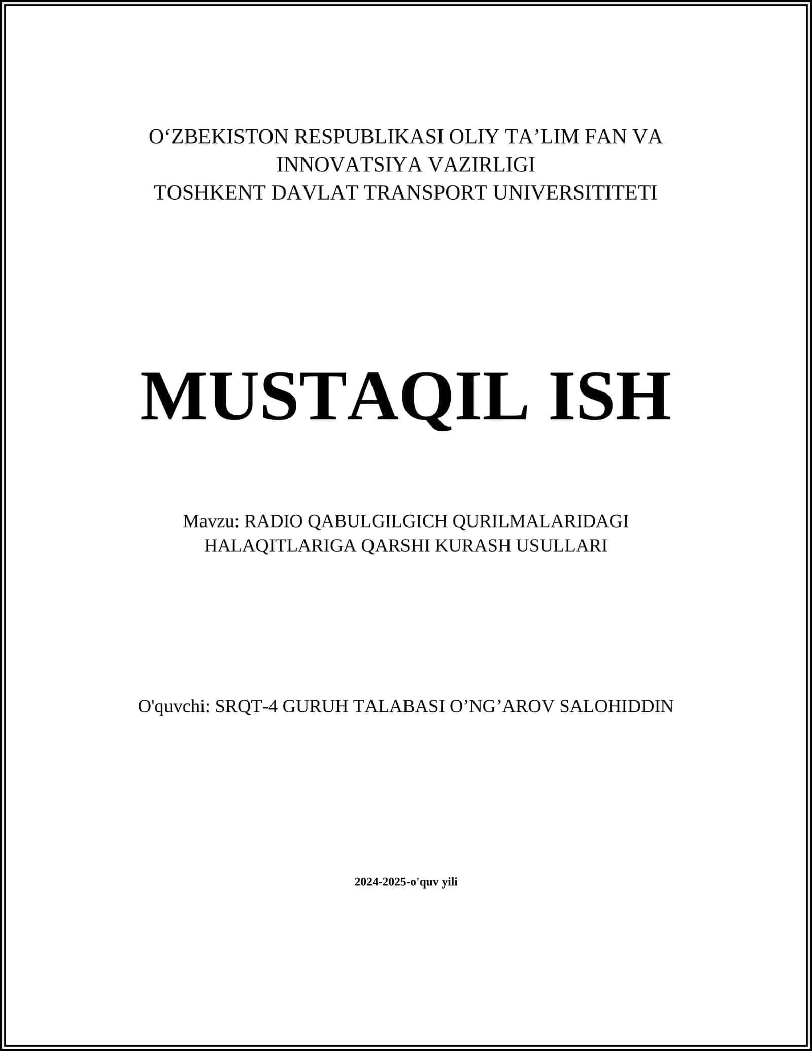 RADIO QABULGILGICH QURILMALARIDAGI HALAQITLARIGA QARSHI KURASH USULLARI