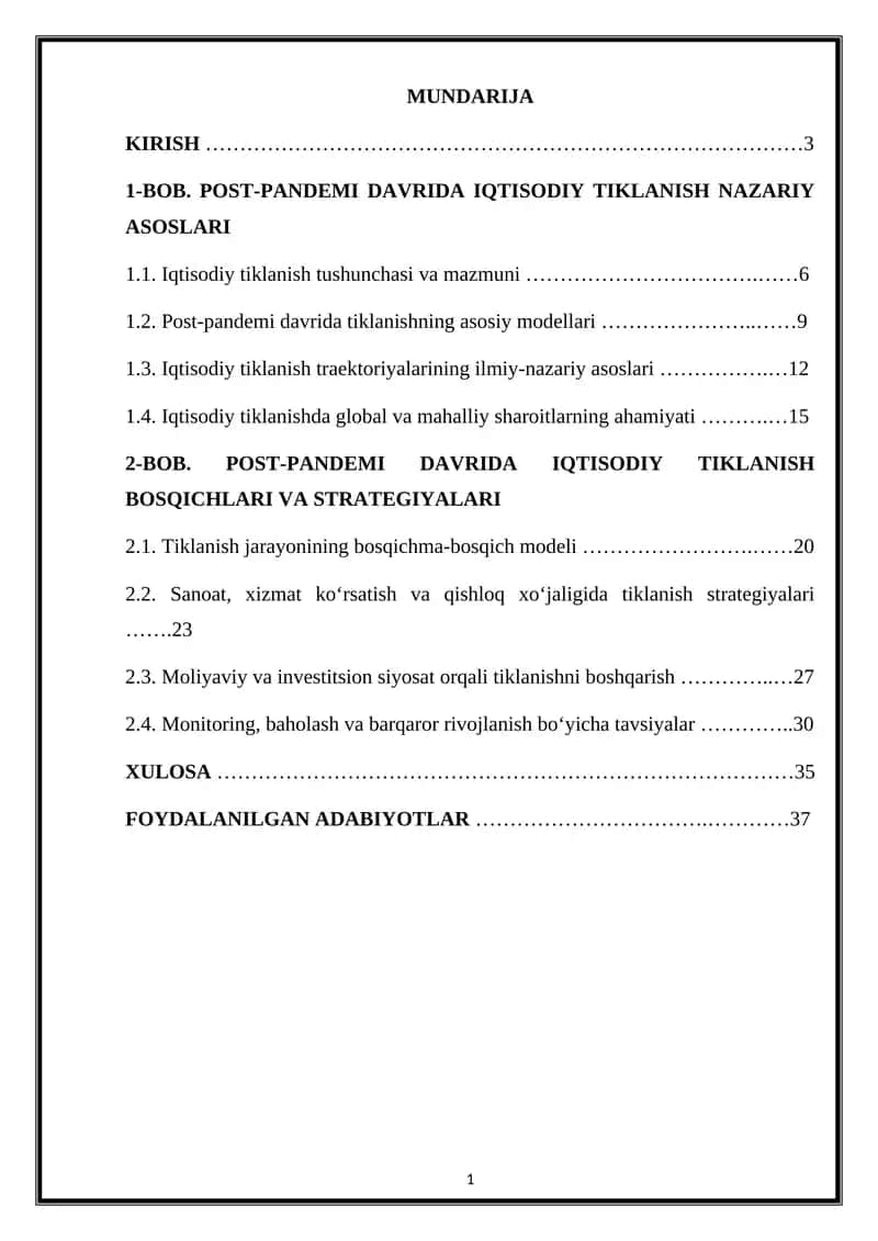 Bob. Post-pandemi davrida iqtisodiy tiklanish nazariy asoslari