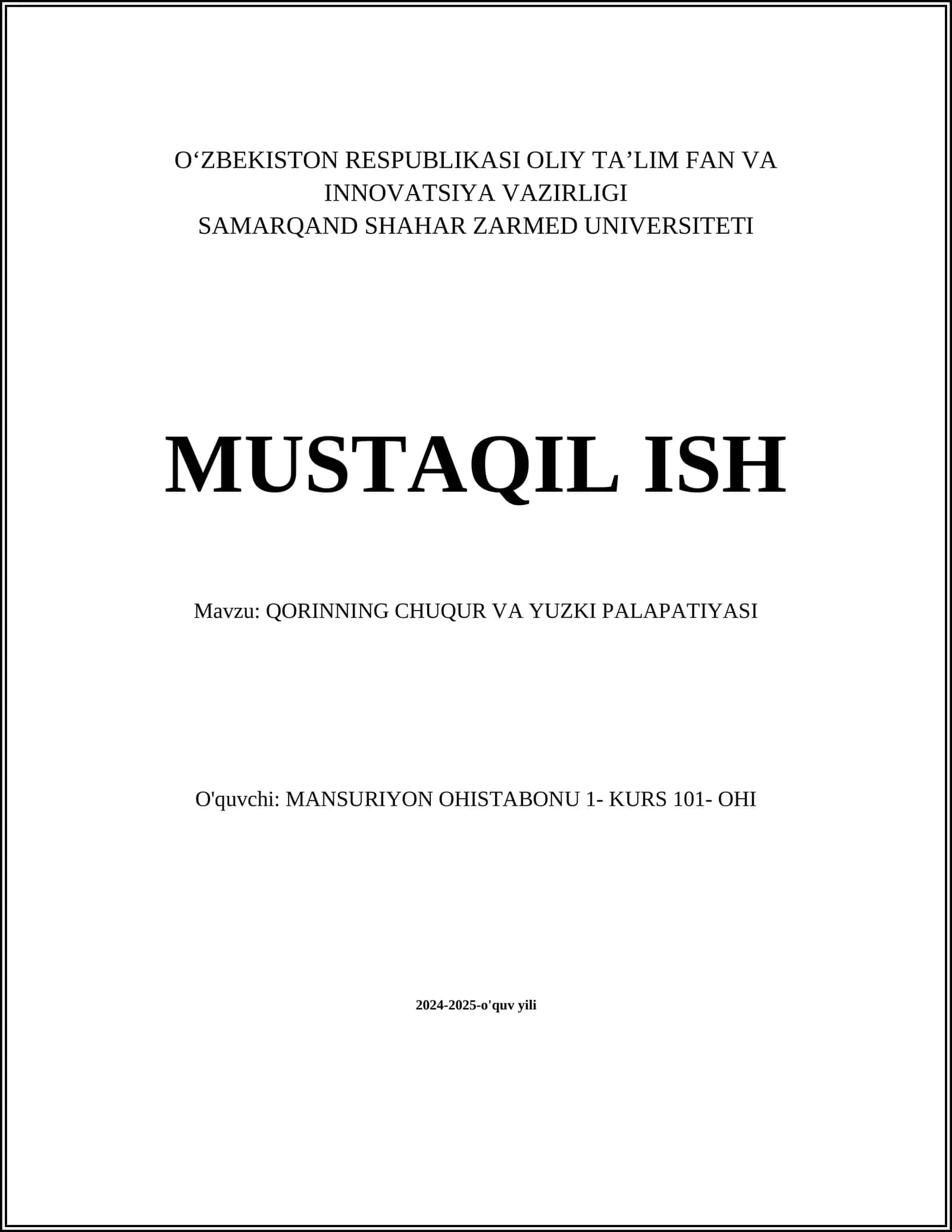 QORINNING CHUQUR VA YUZKI PALAPATIYASI