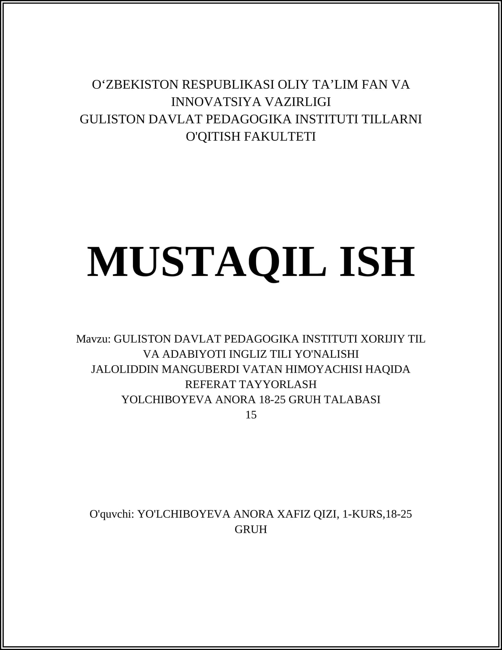 Jaloliddin Manguberdi Haqida Referat Tayyorlash