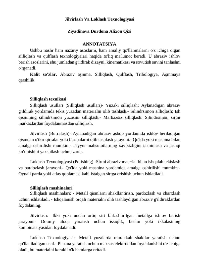 Jilvirlash Va Loklash Texnologiyasi