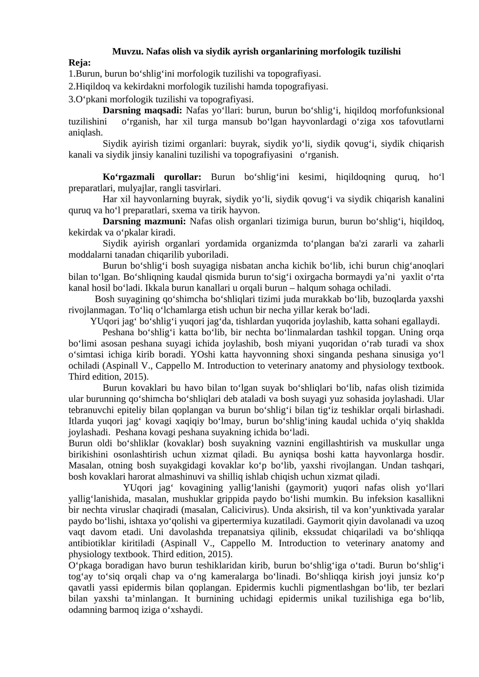 Nafas olish va siydik ayrish organlarining morfologik tuzilishi