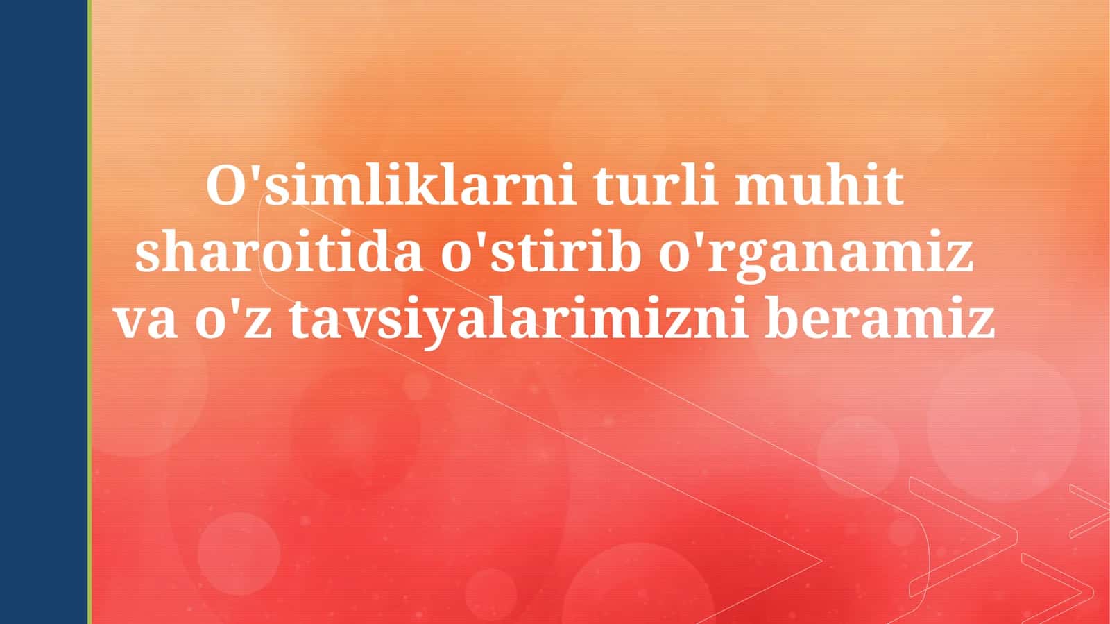 O'simliklarning turli muhit sharoitida o'stirib o'rganamiz va o'ztavsiyalarimizniberamiz