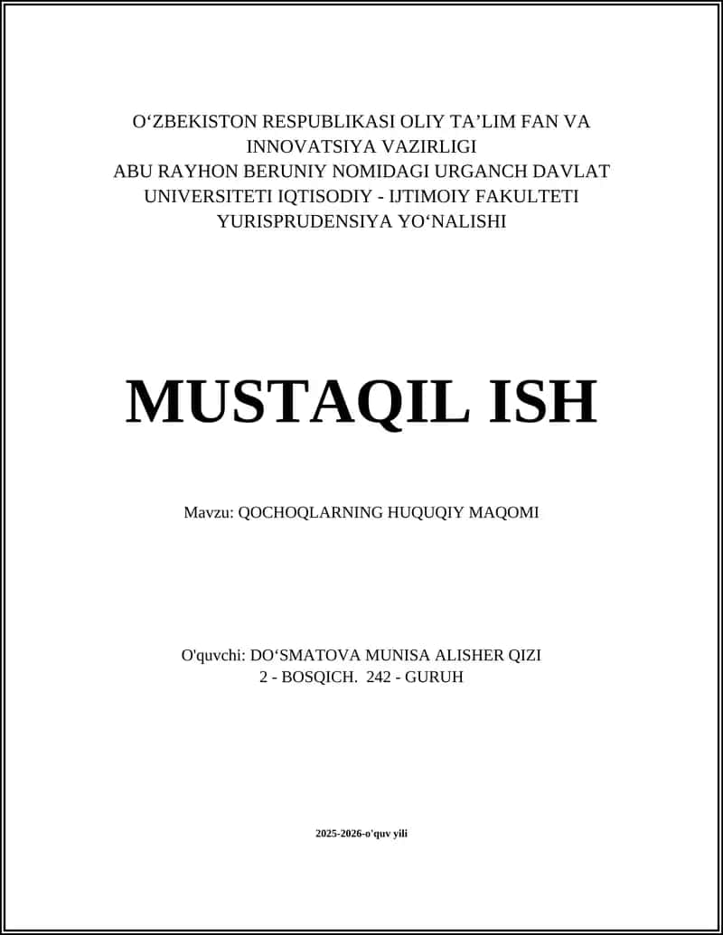 QOCHOQLARNING HUQUQIY MAQOMI