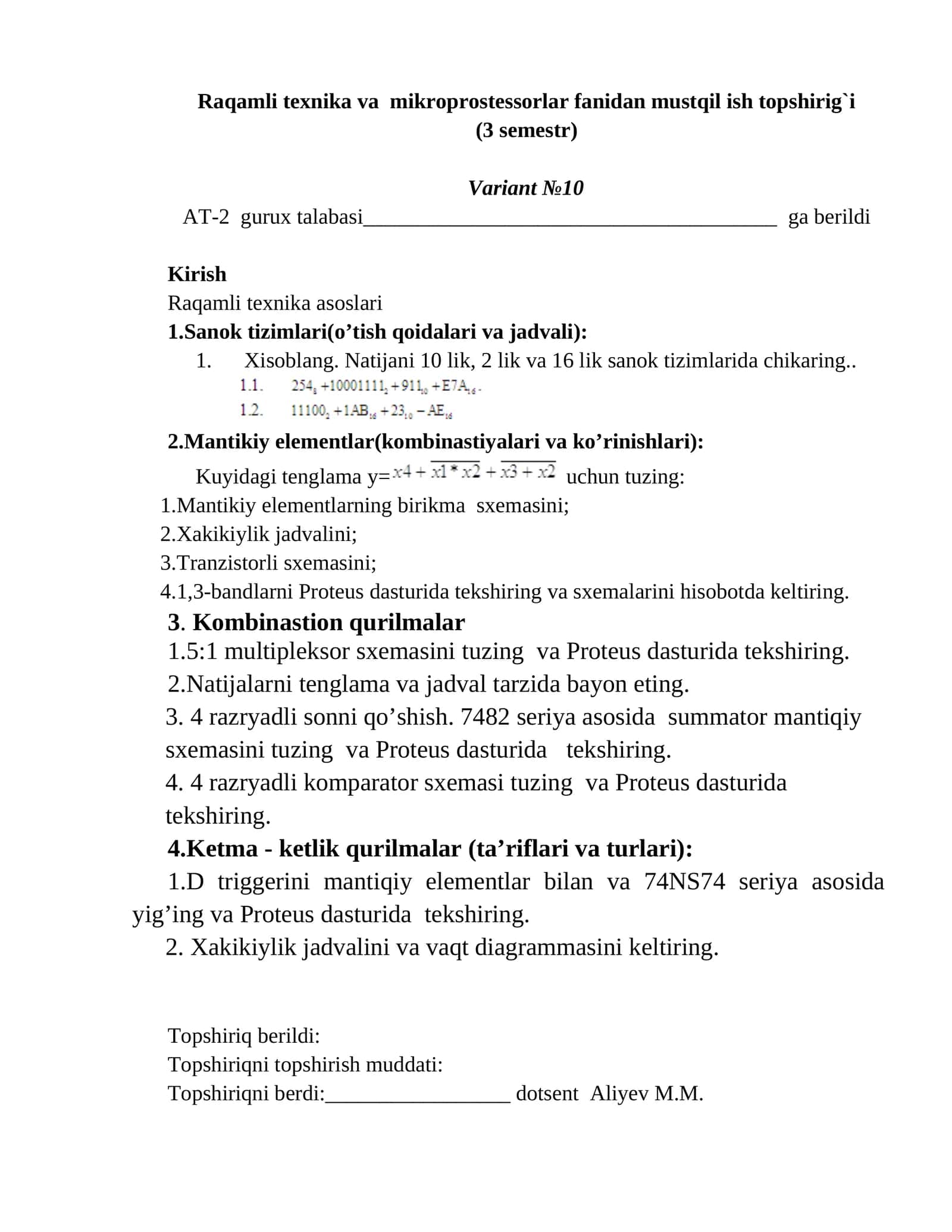 Raqamli texnika va mikroprostessorlar fanidan mustqil ish topshirig`i (3 semestr)
