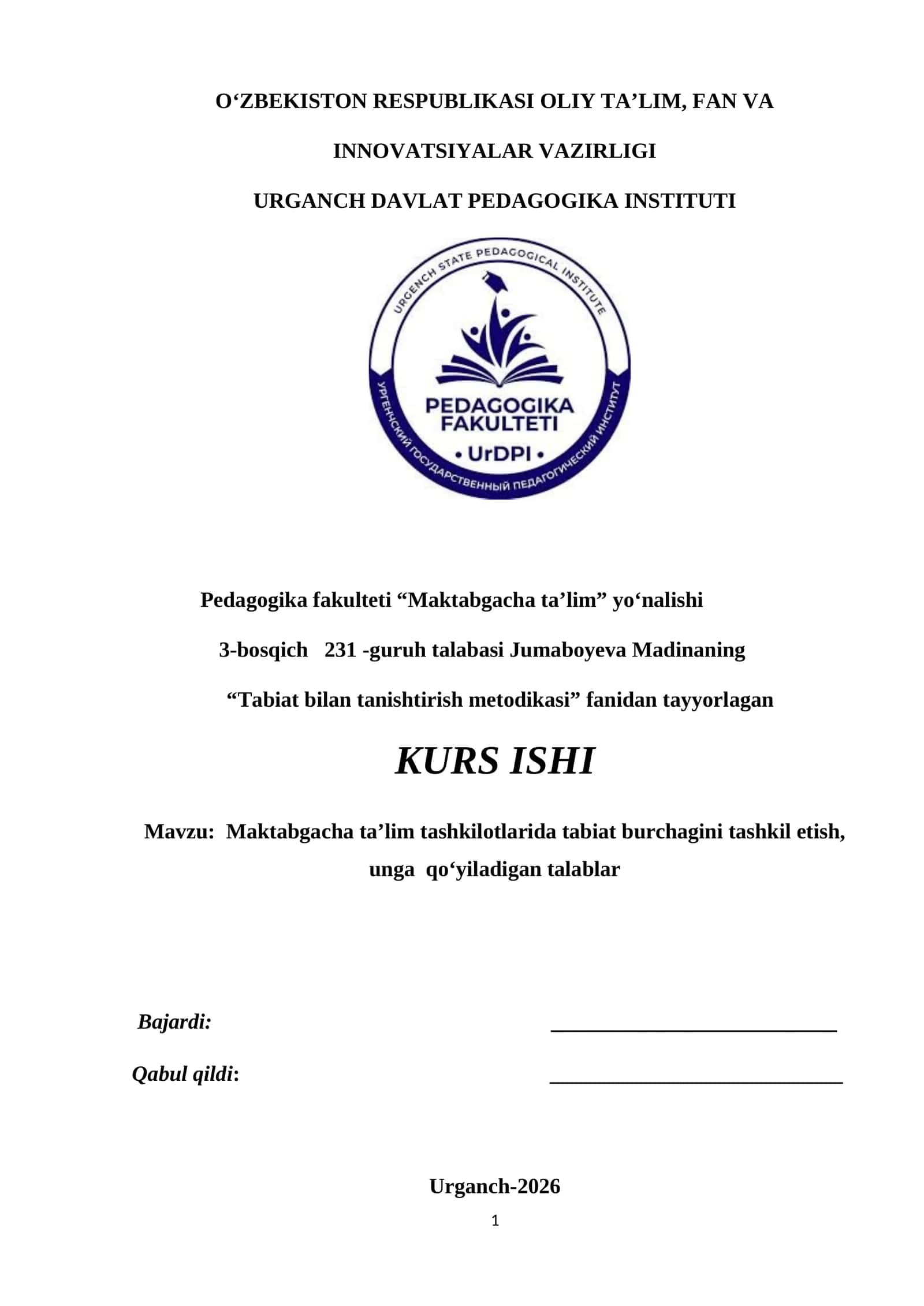 Maktabgacha ta’lim tashkilotlarida tabiat burchagini tashkil etish, unga qoʻyiladigan talablar