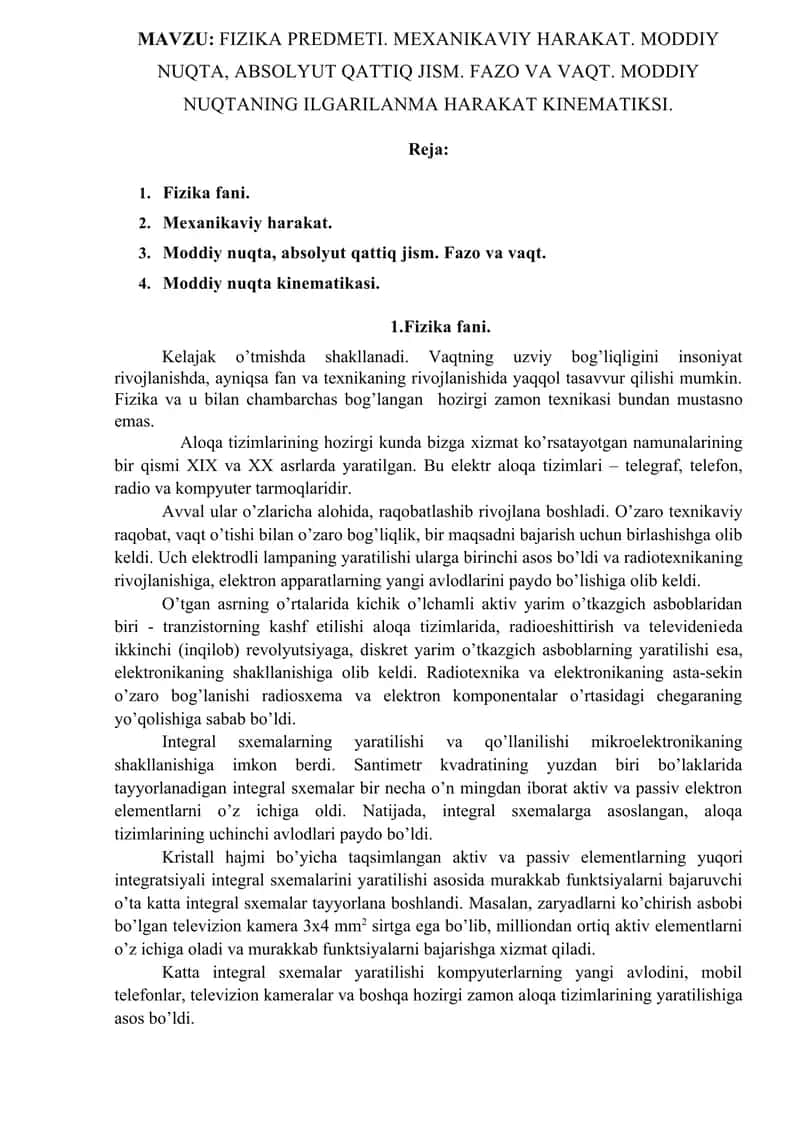 FIZIKA PREDMETI. MEXANIKAVIY HARAKAT. MODDIY NUQTA, ABSOLYUT QATTIQ JISM. FAZO VA VAQT. MODDIY NUQTANING ILGARILANMA HARAKAT KINEMATIKSI