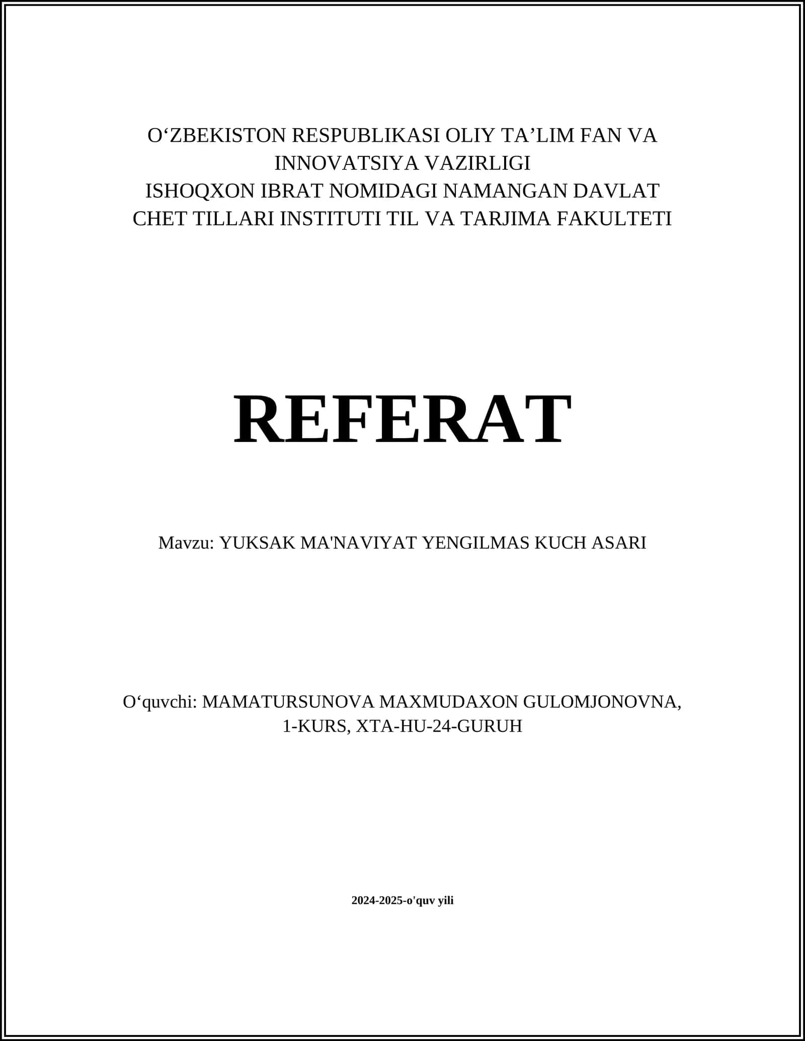 YUKSAK MA'NAVIYAT YENGILMAS KUCH ASARI