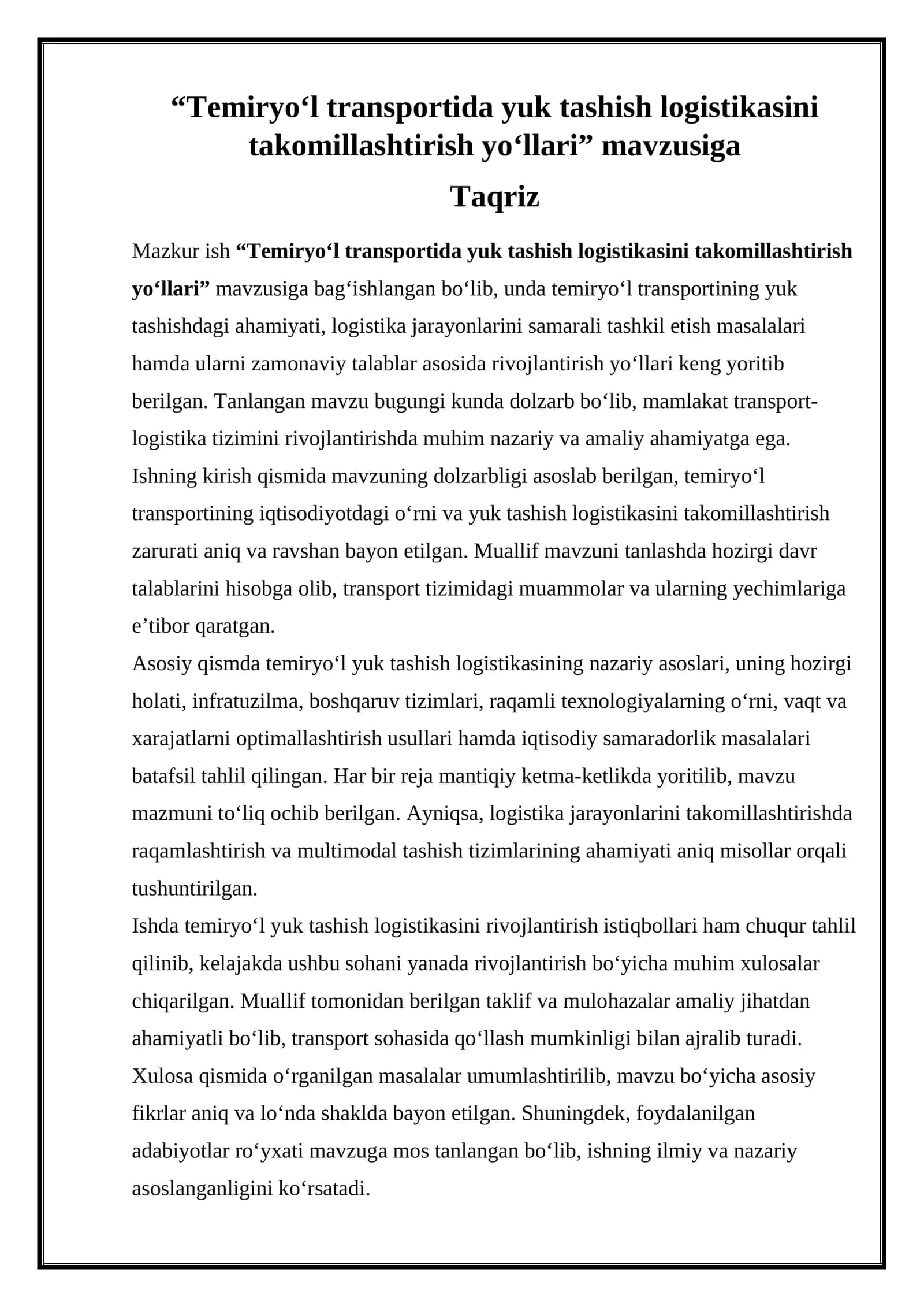 Temiryo‘l transportida yuk tashish logistikasini takomillashtirish yo‘llari