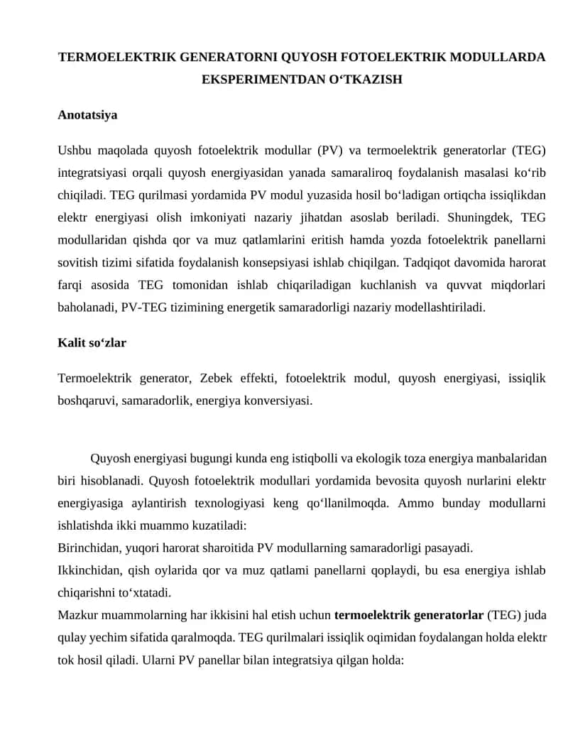Quyosh Fotoelektrik Modullar va Termoelektrik Generatorlar Integratsiyasi