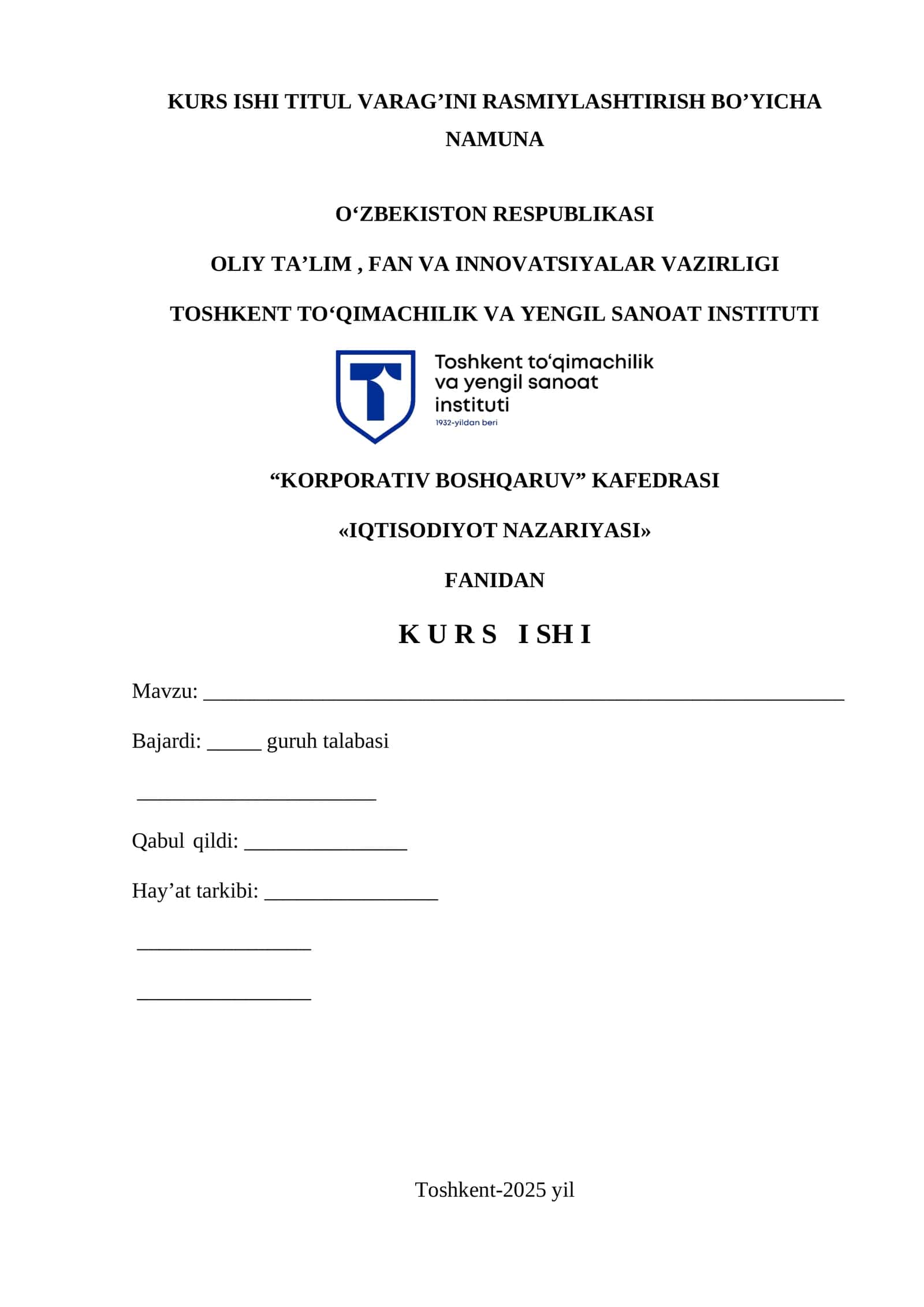 KURS ISHI TITUL VARAG’INI RASMIYLASHTIRISH BO’YICHA NAMUNA