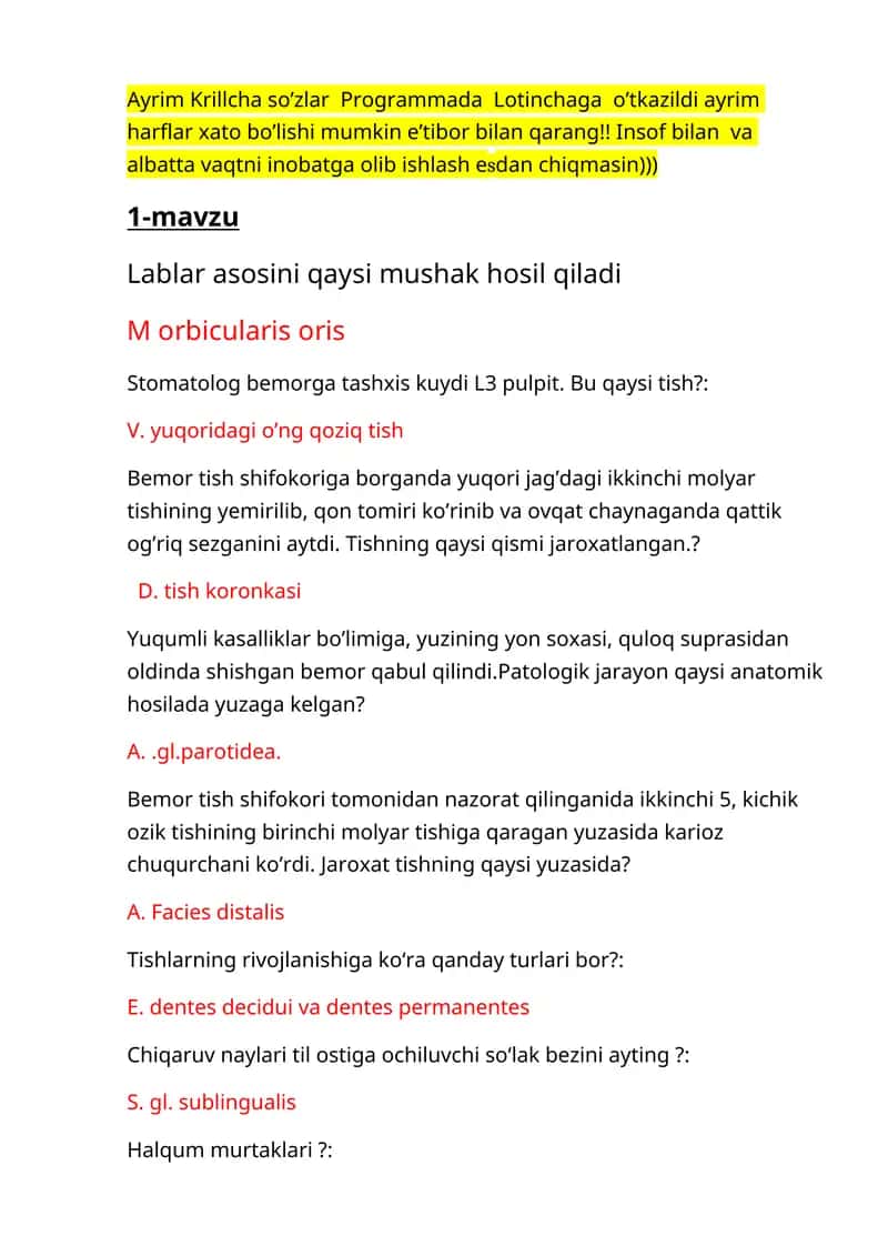 Stomatologiya Test Savollari