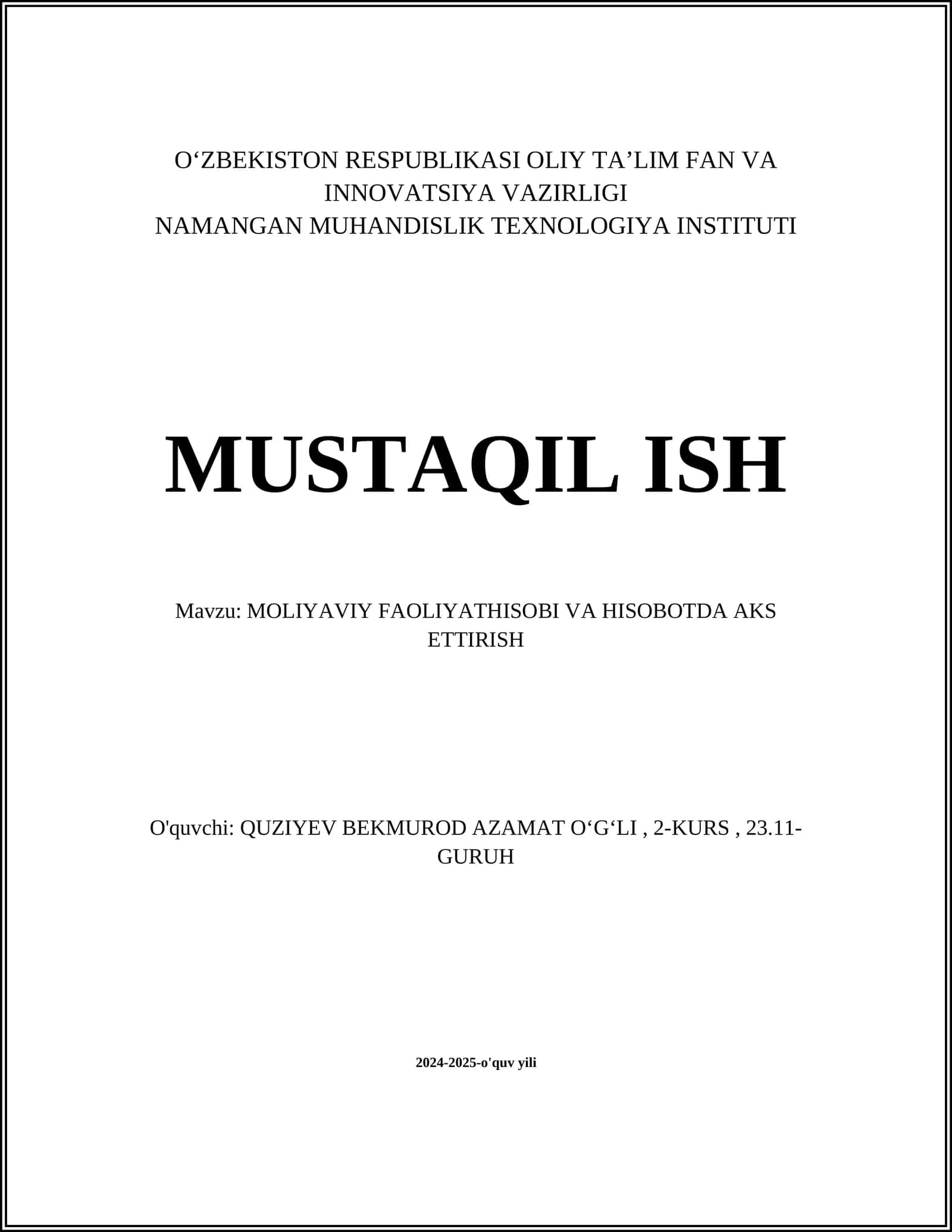 MOLIYAVIY FAOLIYATHISOBI VA HISOBOTDA AKS ETTIRISH
