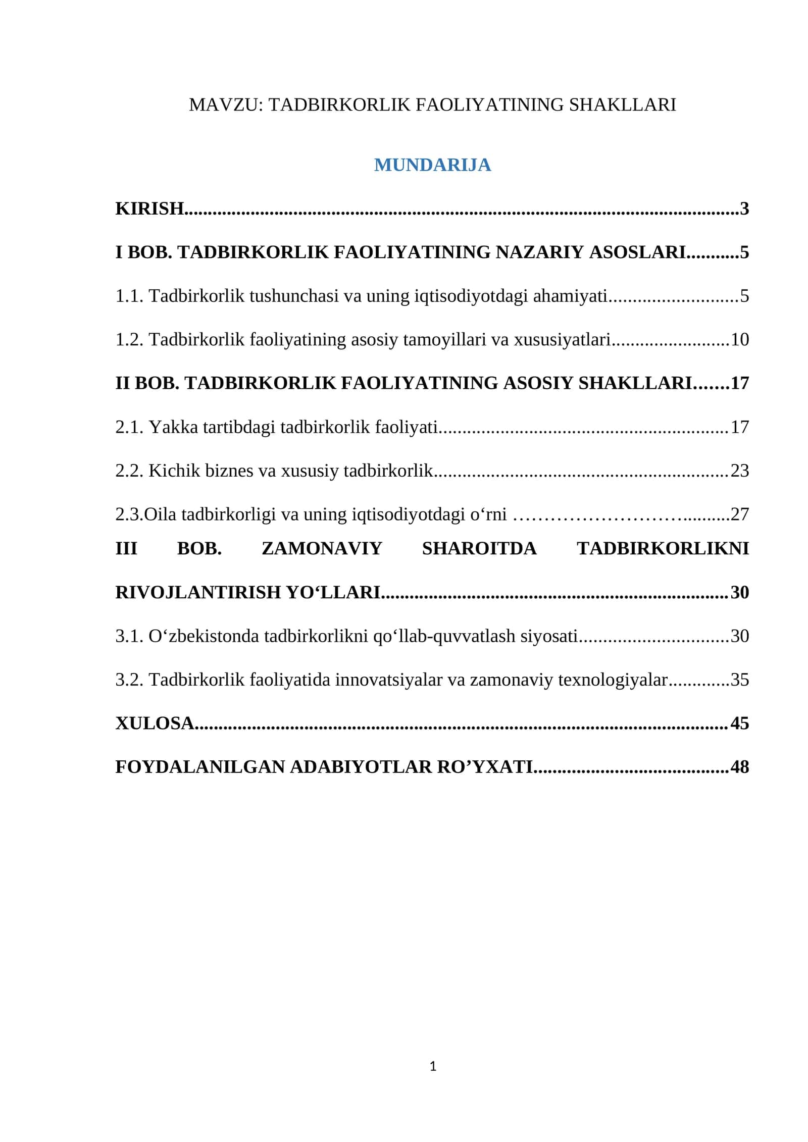 TADBIRKORLIK FAOLIYATINING SHAKLLARI kurs ishi