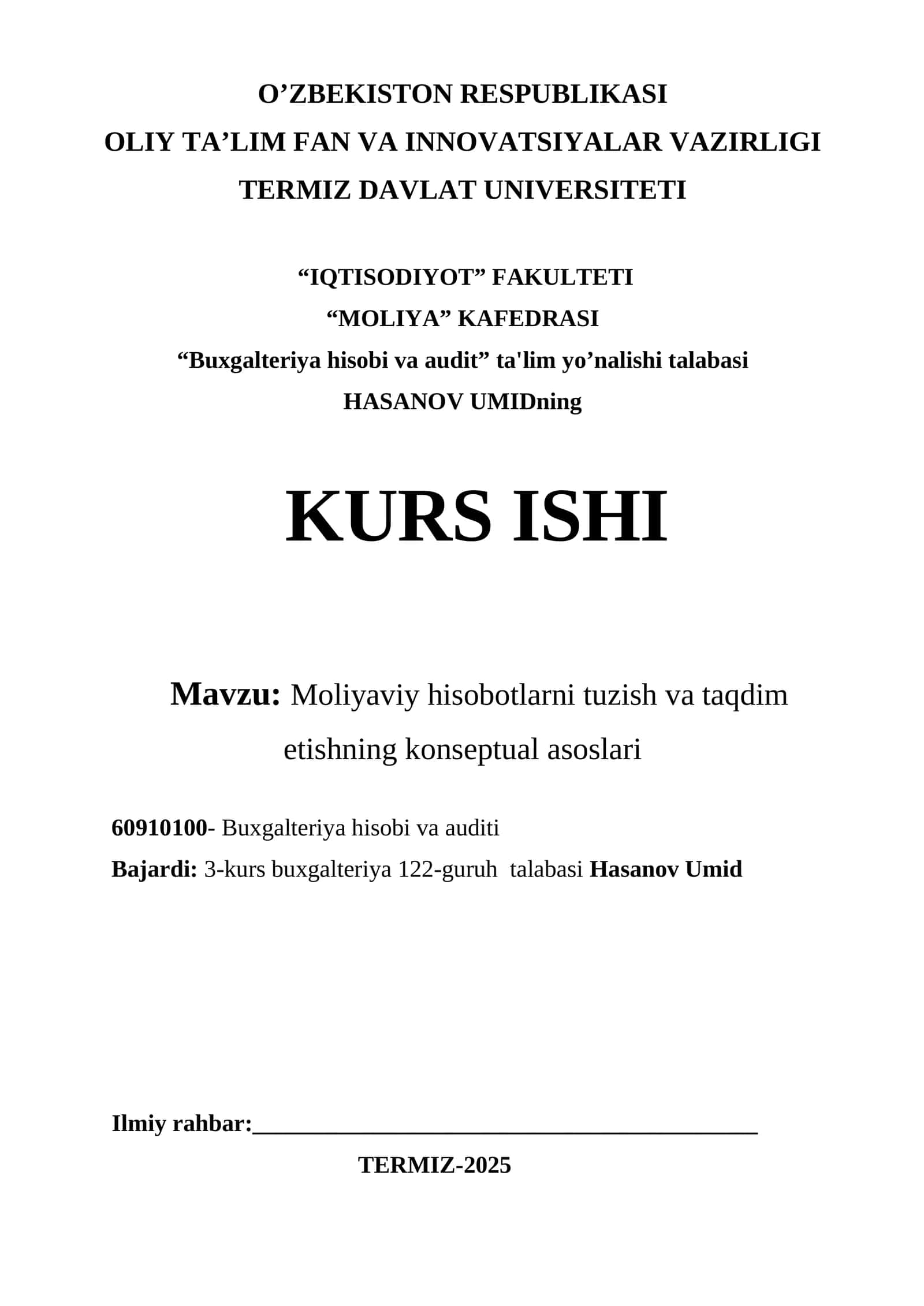 Moliyaviy hisobotlarni tuzish va taqdim etishning konseptual asoslari