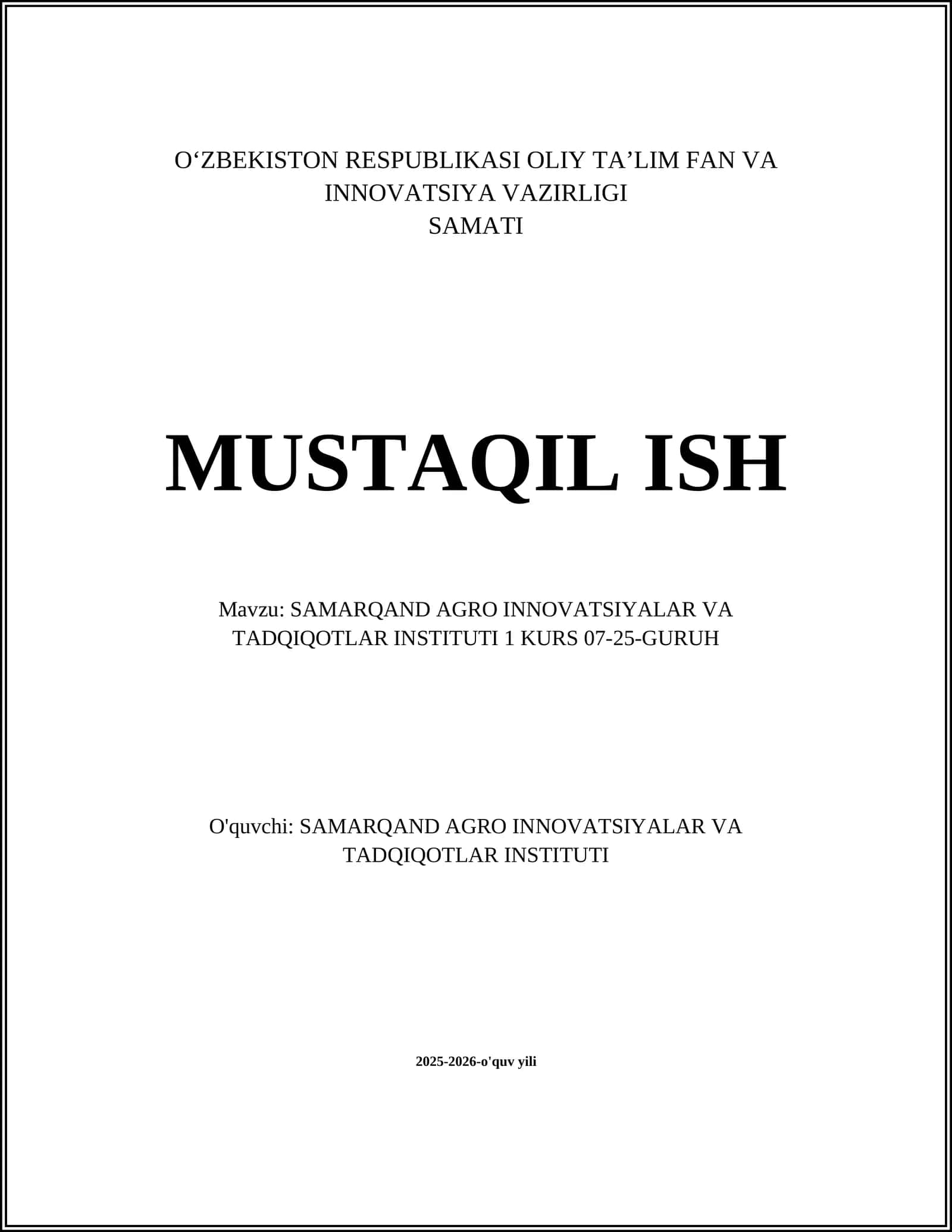 SAMARQAND AGRO INNOVATSIYALAR VA TADQIQOTLAR INSTITUTI