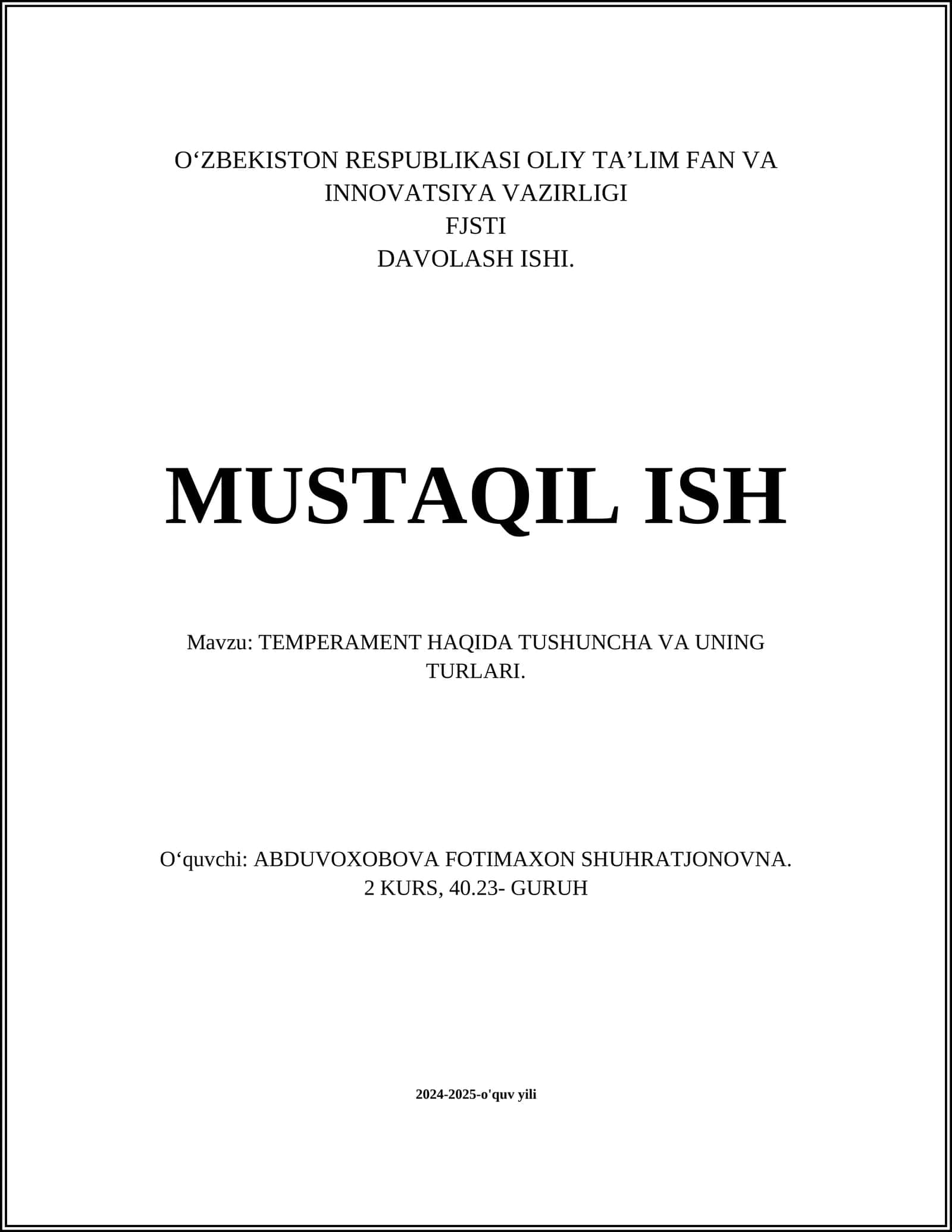 TEMPERAMENT HAQIDA TUSHUNCHA VA UNING TURLARI