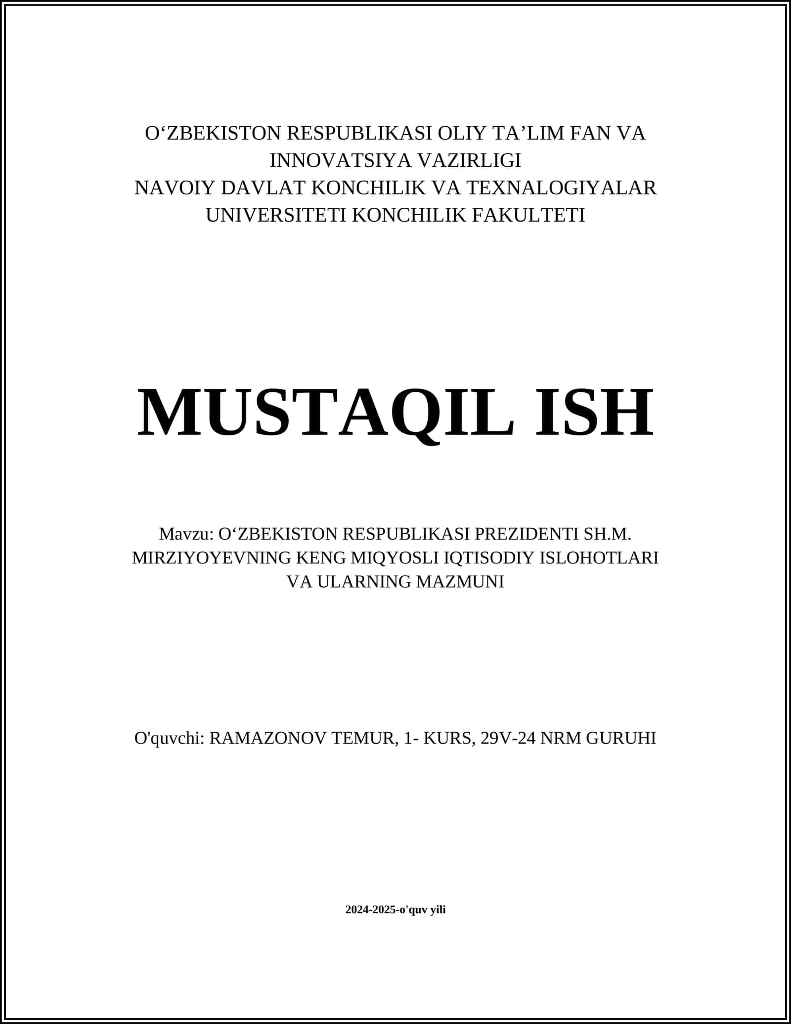 OʻZBEKISTON RESPUBLIKASI PREZIDENTI SH.M. MIRZIYOYEVNING KENG MIQYOSLI IQTISODIY ISLOHOTLARI VA ULARNING MAZMUNI