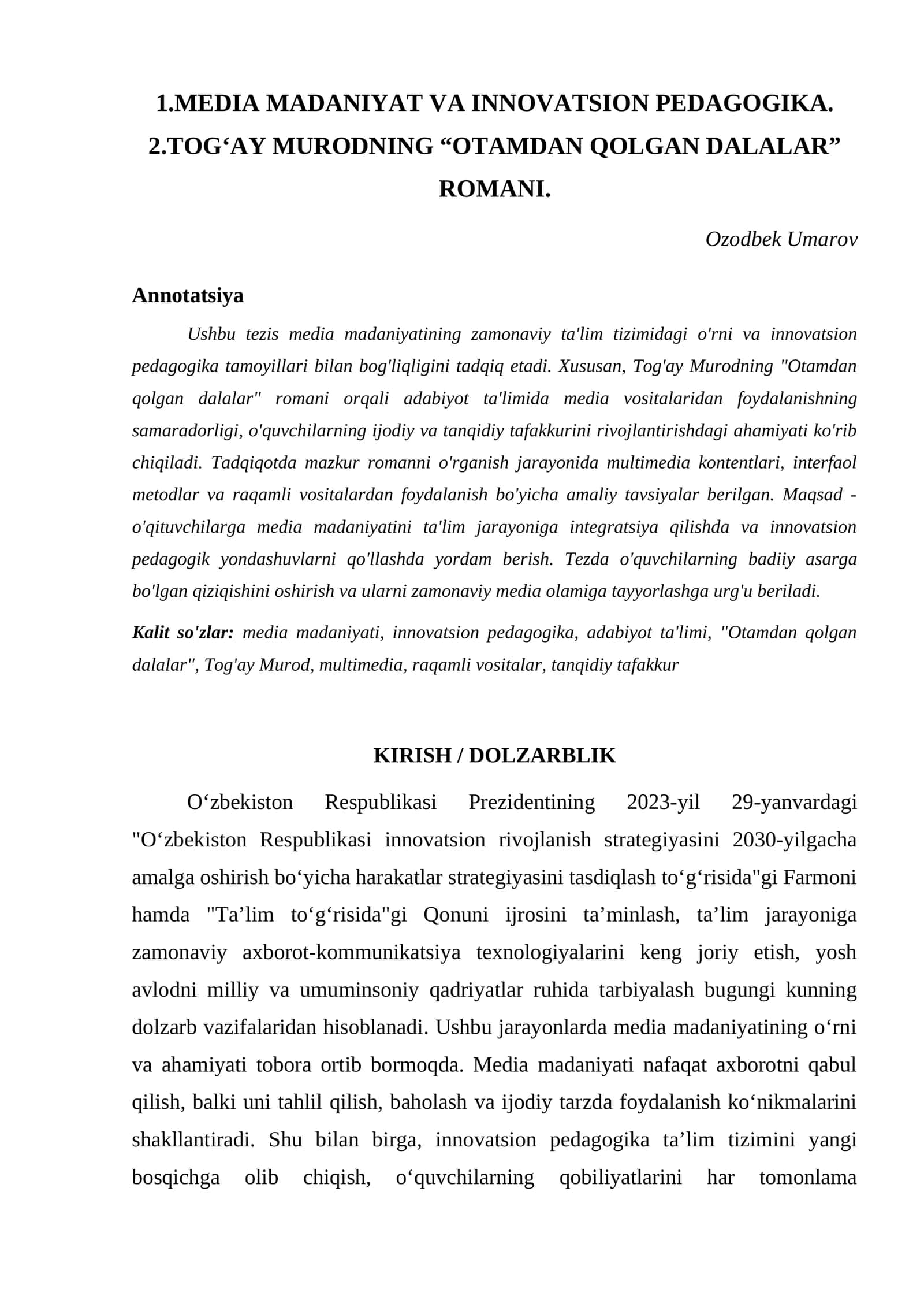 MEDIA MADANIYAT VA INNOVATSION PEDAGOGIKA