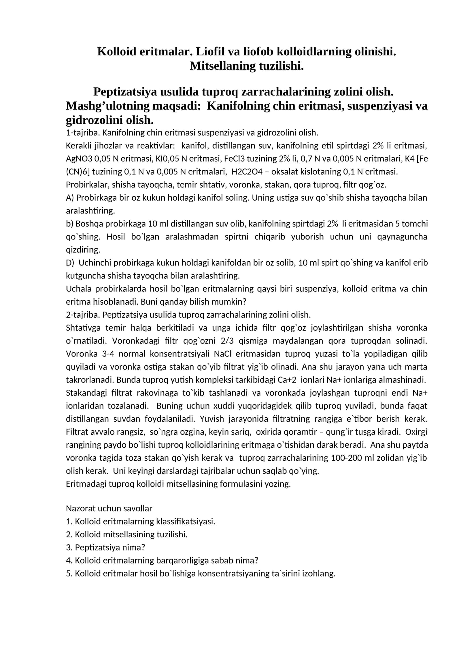 Kolloid eritmalar. Liofil va liofob kolloidlarning olinishi