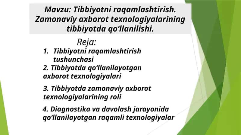Tibbiyotni raqamlashtirish. Zamonaviy axborot texnologiyalarining tibbiyotda qoʻllanilishi