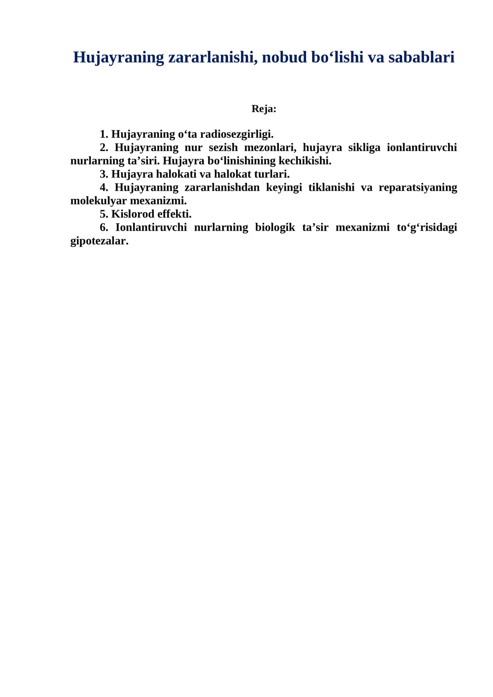 Hujayraning zararlanishi, nobud boʻlishi va sabablari