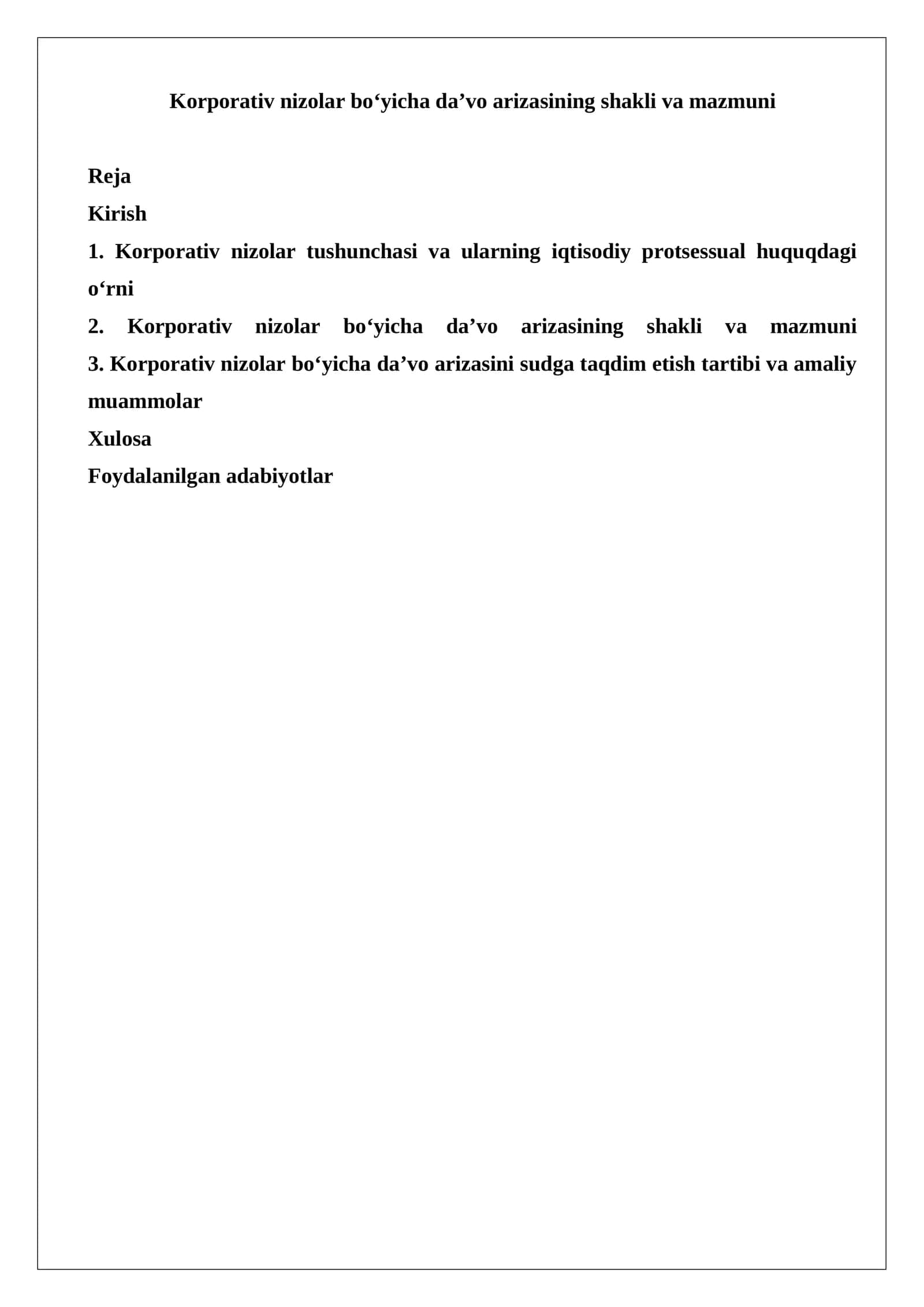 Korporativ nizolar bo‘yicha da’vo arizasining shakli va mazmuni