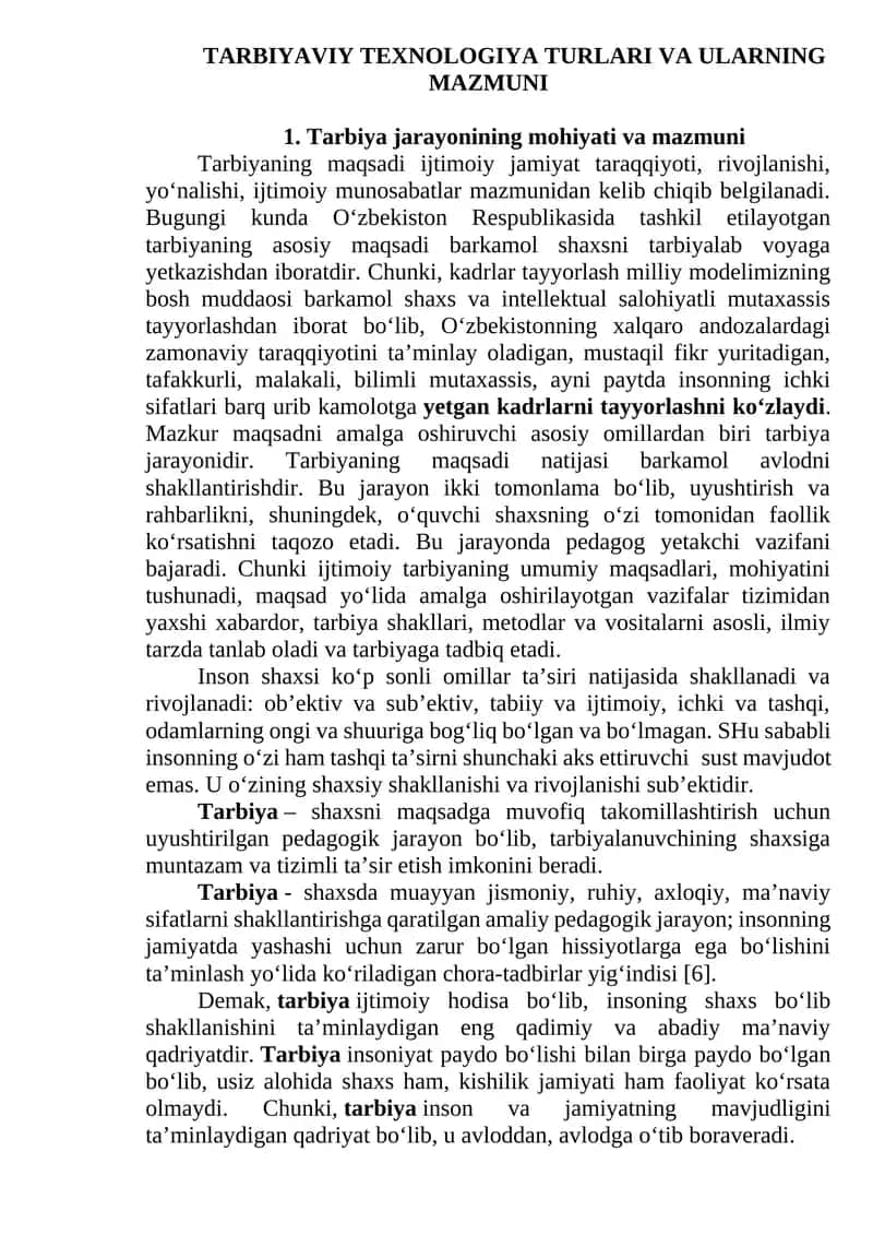 TARBIYAVIY TEXNOLOGIYA TURLARI VA ULARNING MAZMUNI