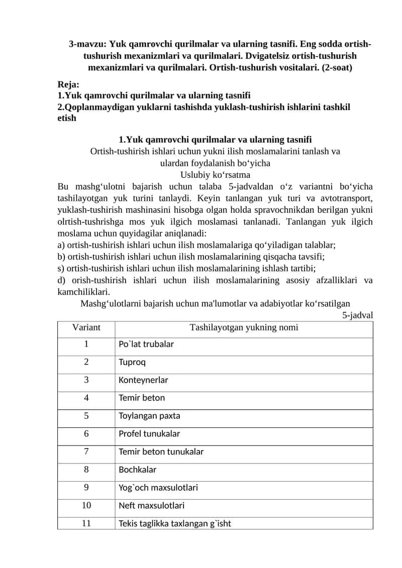 Yuk qamrovchi qurilmalar va ularning tasnifi