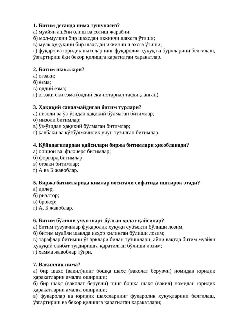 Fuqarolik huquqi testlar